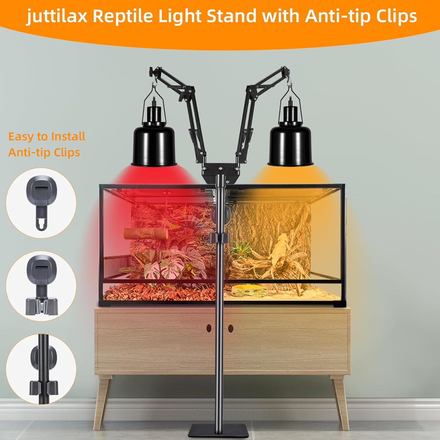 Dual Reptile Heat Lamp Stand, Adjustable Reptile Light Stand (15.7-74.3inch) with 360° Swing Arm and Anti-tip Clip, Lamp Holder for Terrarium, Amphibians Cage and Plants