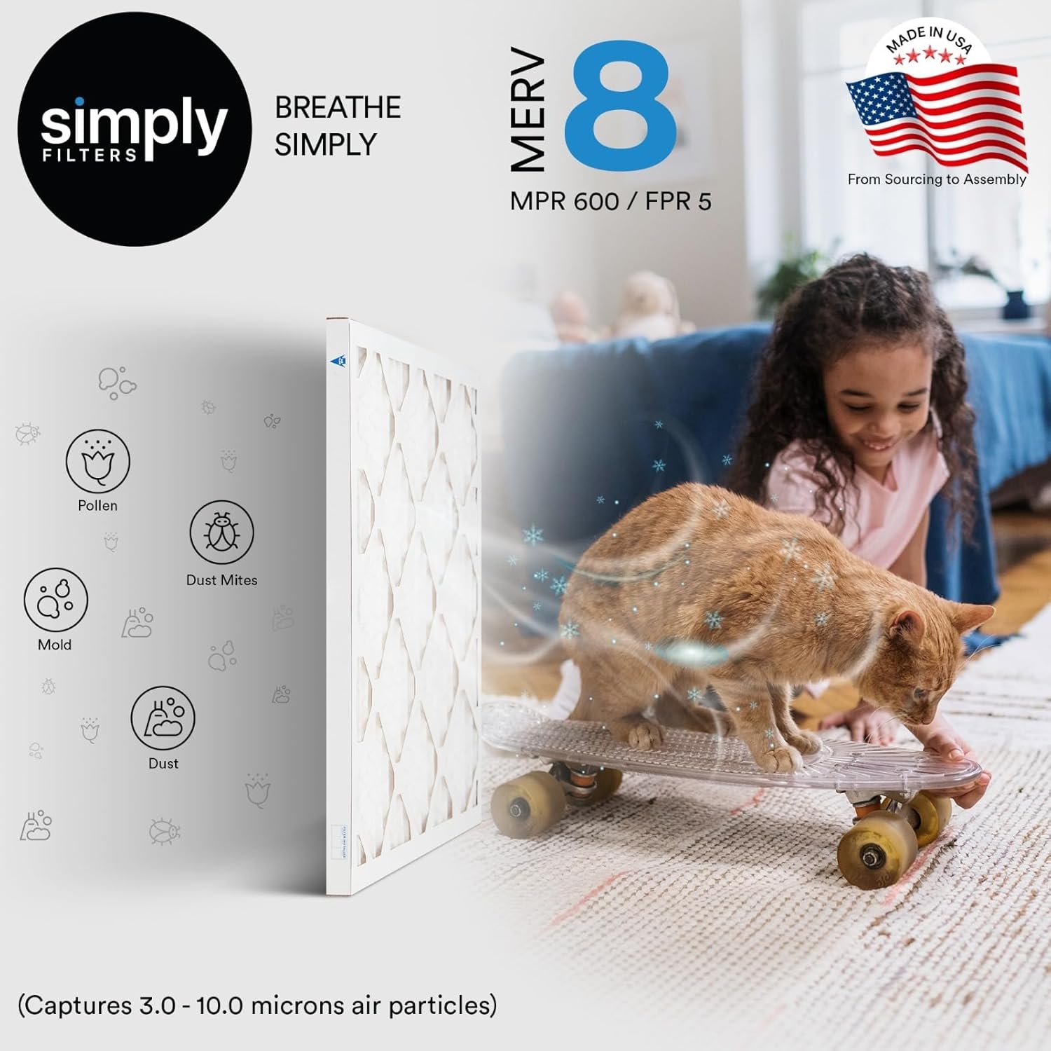 Simply 20x23x1 Air Filter, Merv 8, 6 Pack, For Home AC Furnace & HVAC (Actual Size: 19.56"x22.56"x0.75") DUST, Pet & Allergy Control,