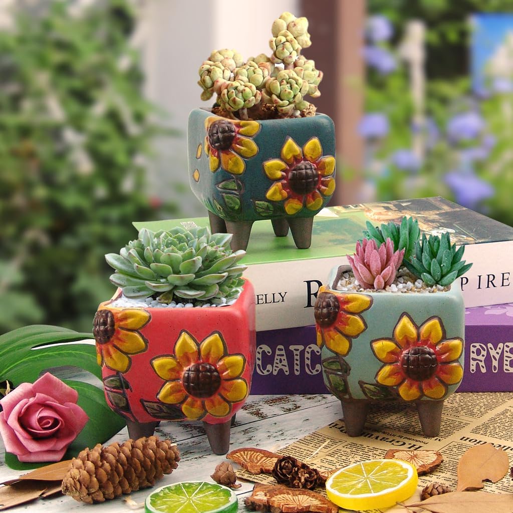 3.63 Inch Hand Painted Square Succulent Planter with Drainage and Clear Plastic Saucers Cactus Planter Pot Clay Pot Sunflowers Indoor Outdoor Pack of 3