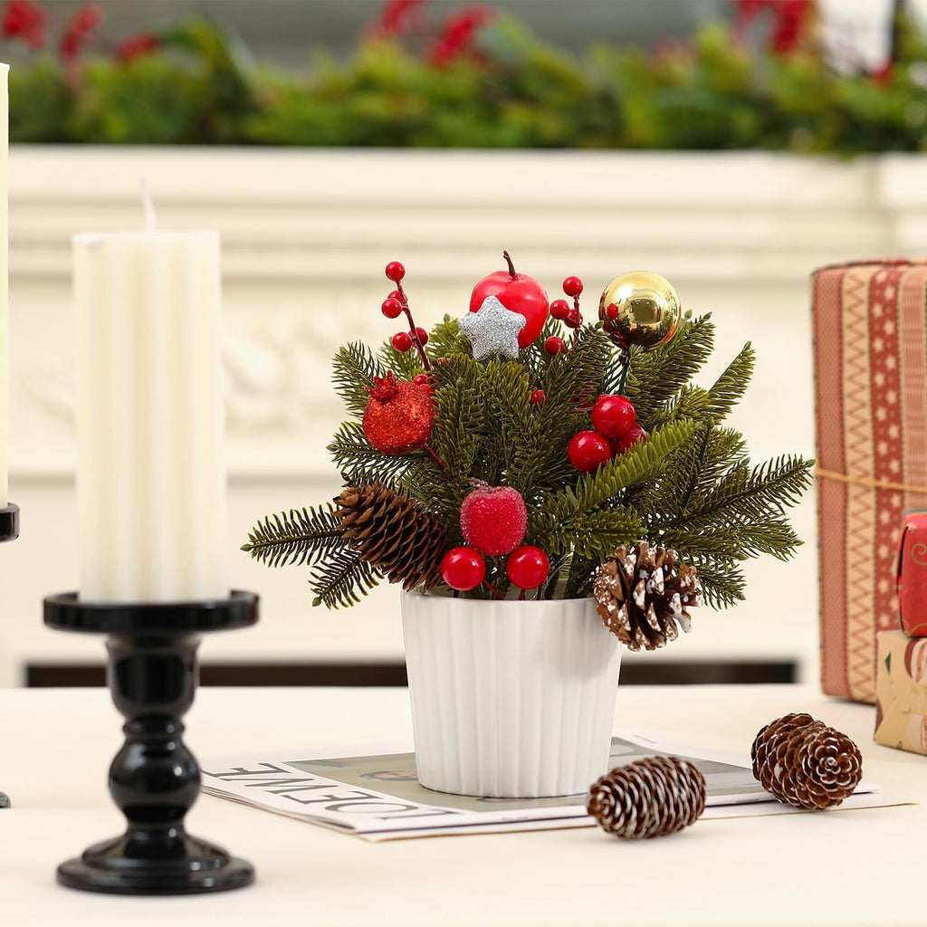 12 Inch Tabletop Christmas Tree with White Ceramic Potted,Mini Christmas Tree Holiday Decorations with Apples Pine Cones Gold Xmas Ball Berries for Home Indoor Xmas Tabel Decor