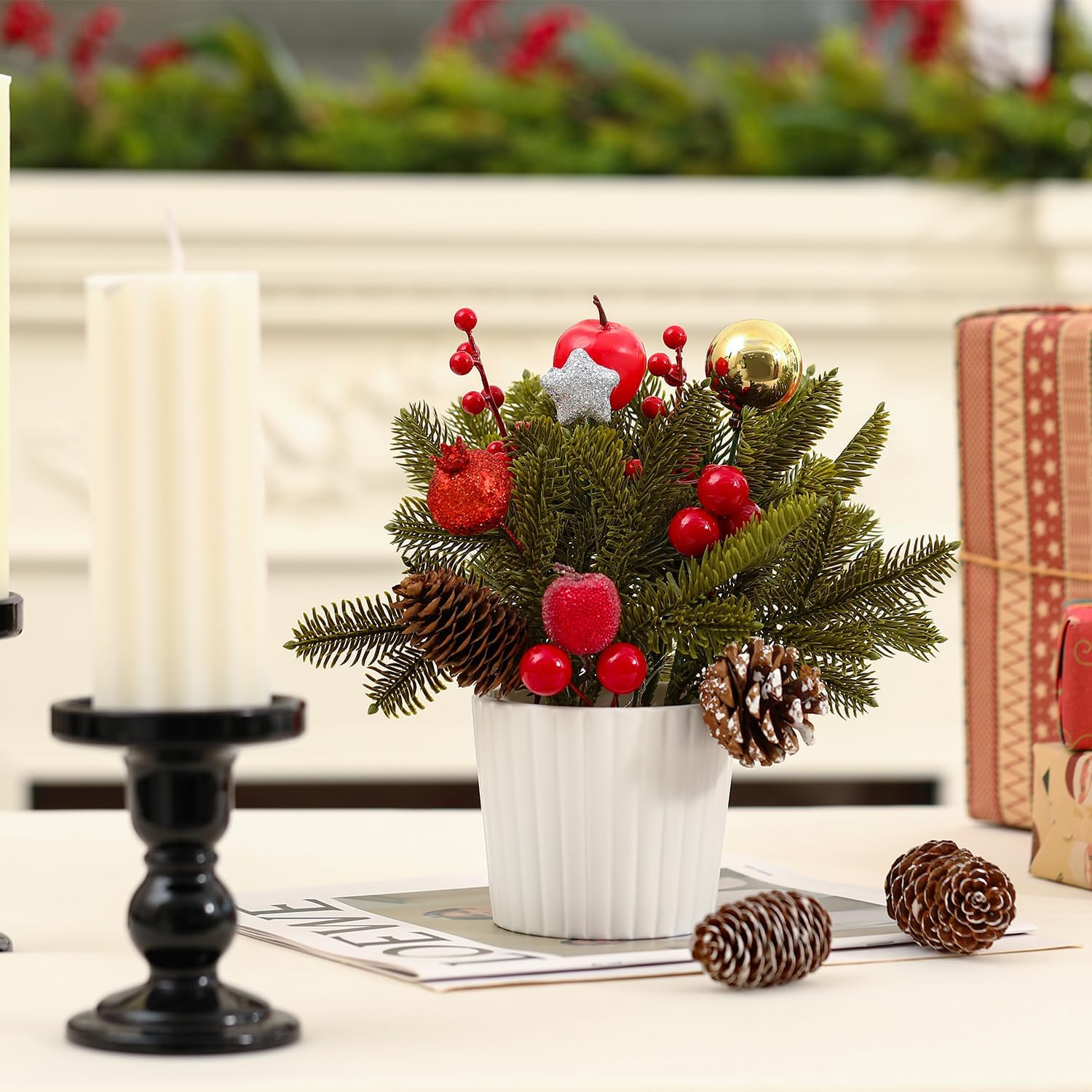 12 Inch Tabletop Christmas Tree with White Ceramic Potted,Mini Christmas Tree Holiday Decorations with Apples Pine Cones Gold Xmas Ball Berries for Home Indoor Xmas Tabel Decor