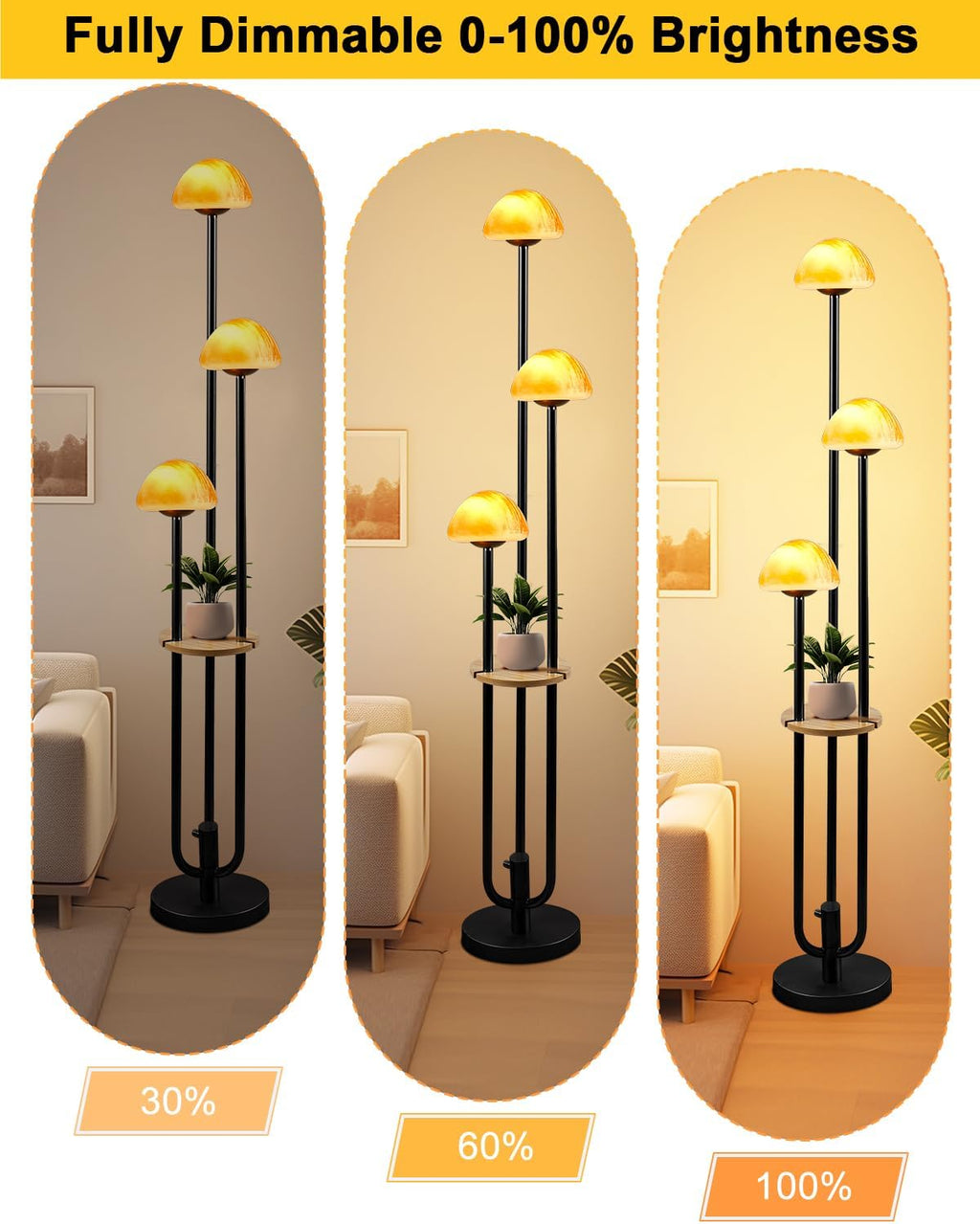 Lightdot Black Dimmable Floor Lamp with Table, Modern Floor Lamps for Living Room, 3000K Warm Lights Tall Standing Lamp with Mushroom Shades & Bulbs for Bedroom/Office