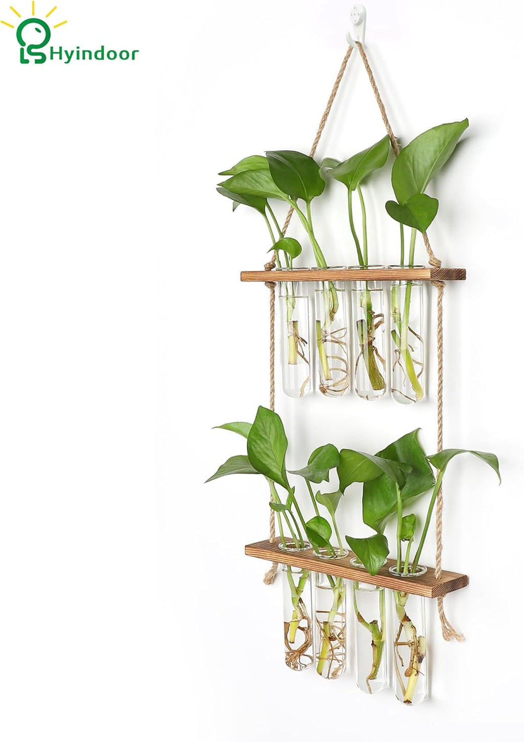 Wall Hanging Planter Terrarium 2 Tired Test Tube Vase Glass Planter Plant Propagation Station Plant Hangers of Rope with Wooden Stand and 8 Tubes for Hydroponic Plant Cutting