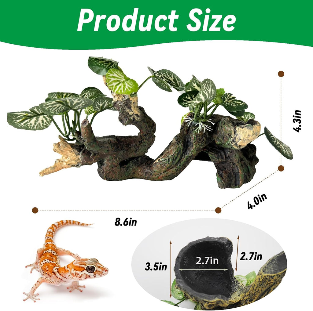 PINVNBY Branches for Reptiles,Crested Gecko Resin Climbing Tree Branch with Hideout Cave Bearded Dragon Tank Accessories Lizard Terrarium Habitat Plant Decorations for Snake Gecko Spider Frog(Green)