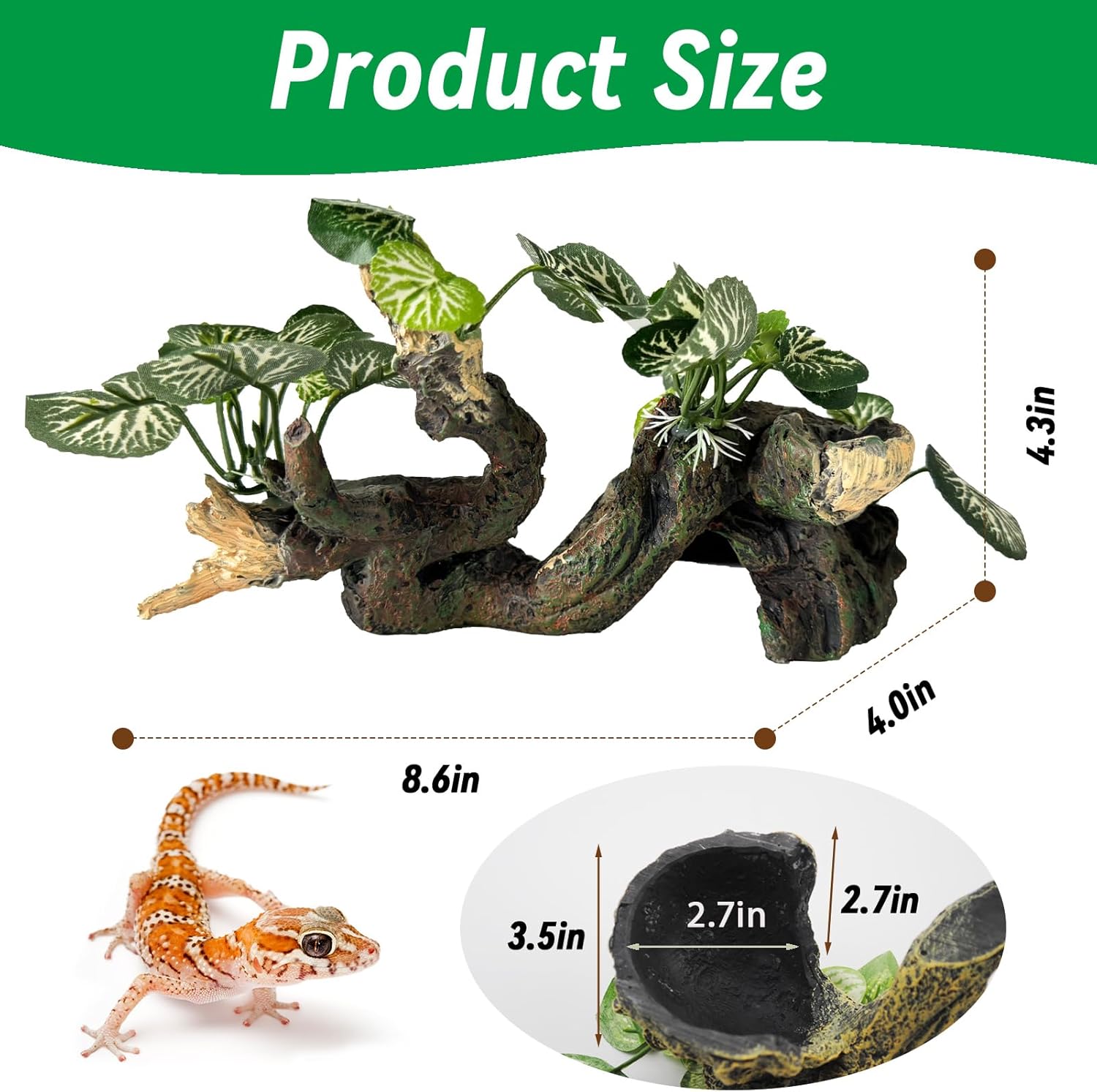 PINVNBY Branches for Reptiles,Crested Gecko Resin Climbing Tree Branch with Hideout Cave Bearded Dragon Tank Accessories Lizard Terrarium Habitat Plant Decorations for Snake Gecko Spider Frog(Green)
