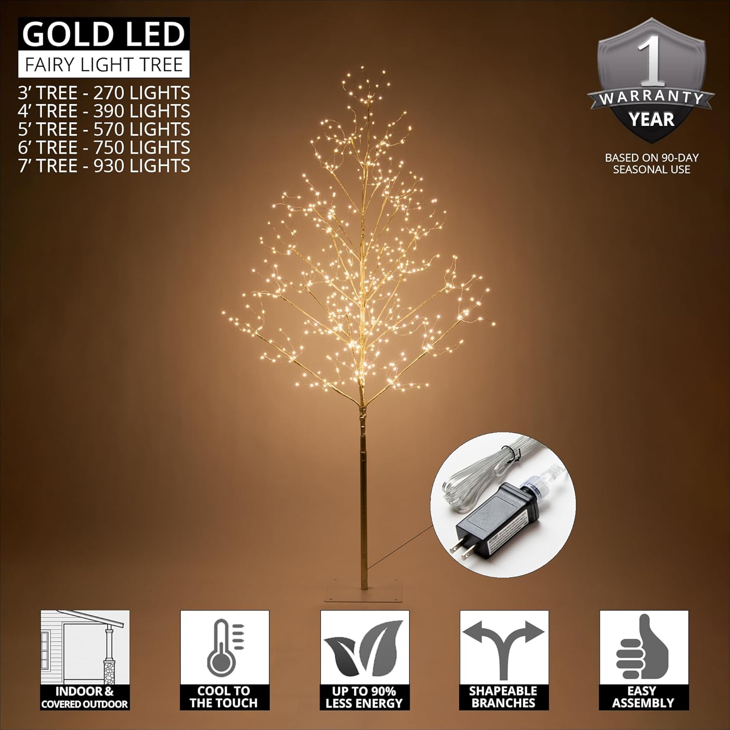 6 Ft Gold Fairy Light Tree Room Décor Bedroom Décor Artificial Tree, 750 Warm White LED Lights