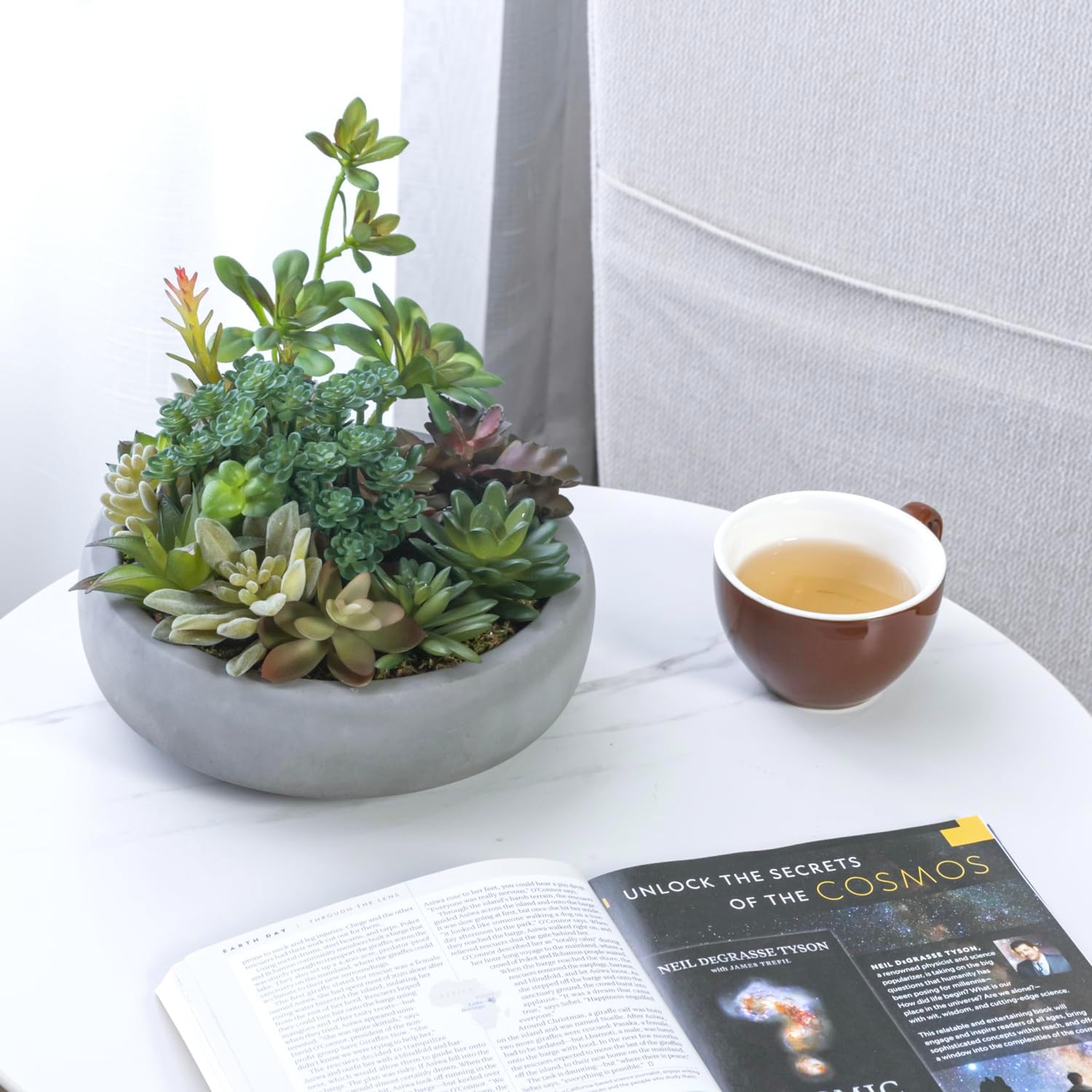 MyGift Assorted Indoor Fake Plants Artificial Succulent Arrangement in Round Gray Cement Planter Pot