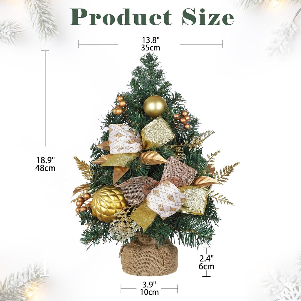 Mini Tabletop Christmas Tree with Ornaments Berries Bows, 19" Small Table Christmas Tree Ready to Use - Christmass Center Piece for Desk, Shelf, Mantel, Entryway, Xmas Tabletop Winter Holiday Decor