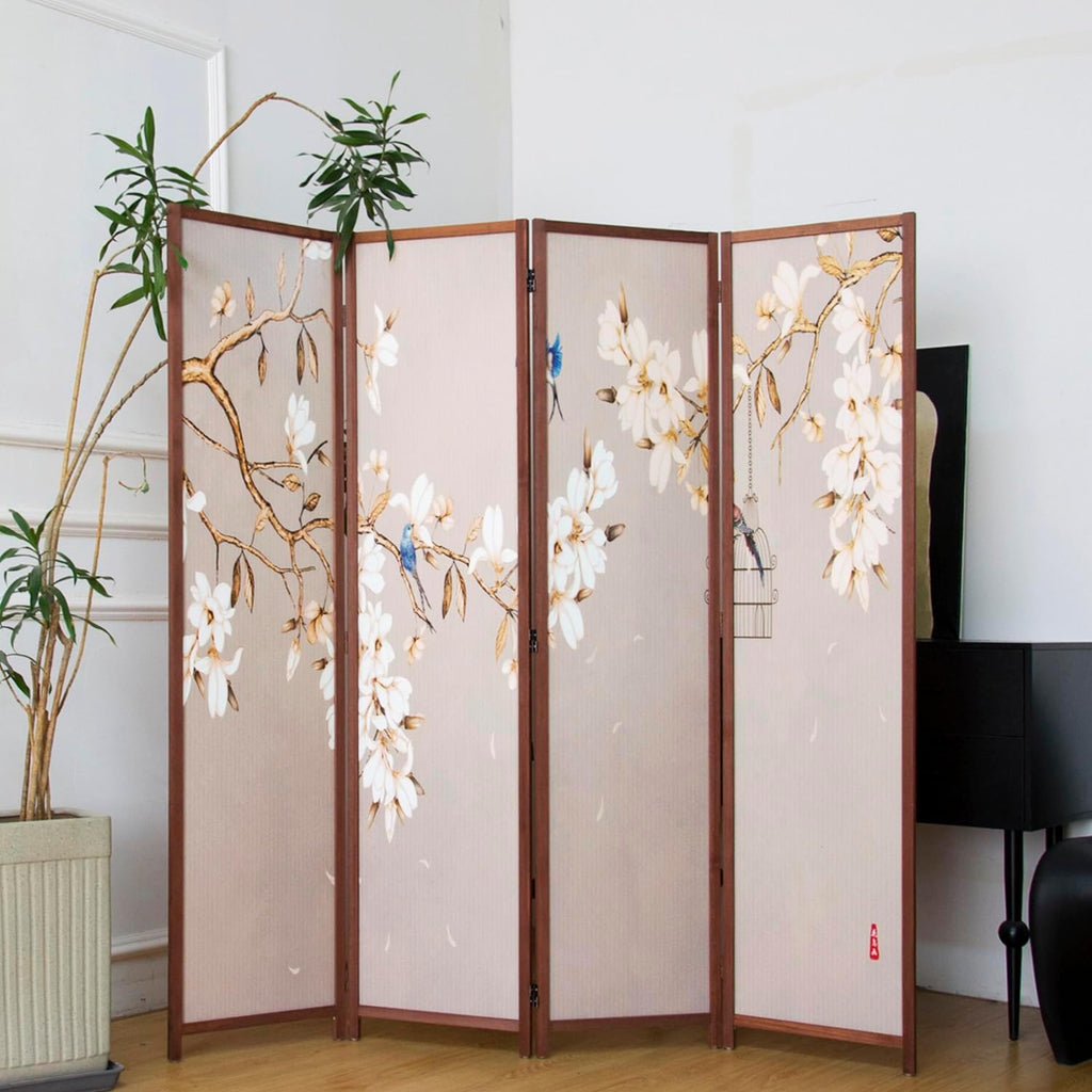 4 Panel Room Divider Folding Privacy Screen,5.6 FT Tall Double Faced Panel Screen,Blackout Panel Divider for Room Seperation,Flower and Bird