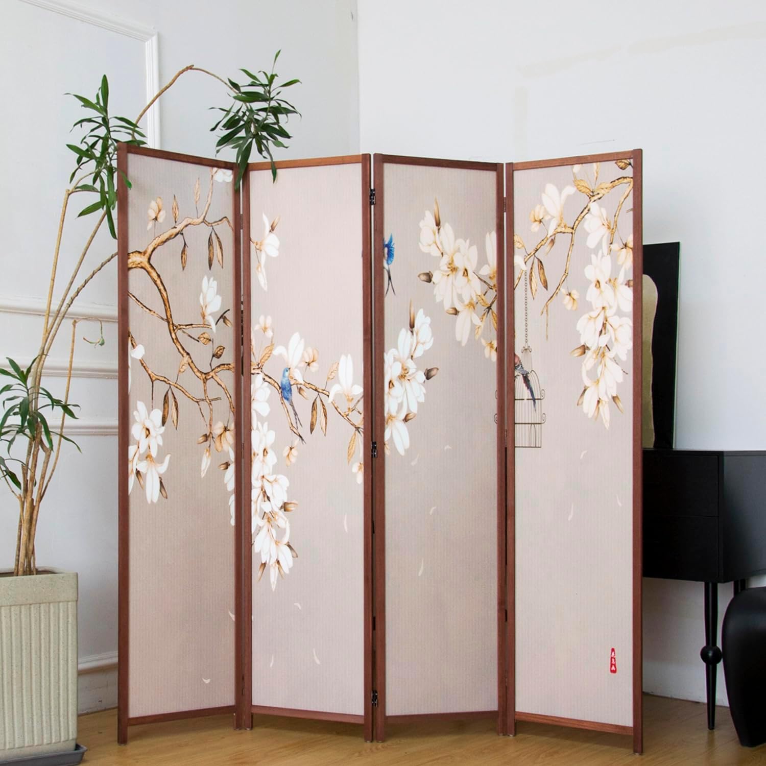 4 Panel Room Divider Folding Privacy Screen,5.6 FT Tall Double Faced Panel Screen,Blackout Panel Divider for Room Seperation,Flower and Bird