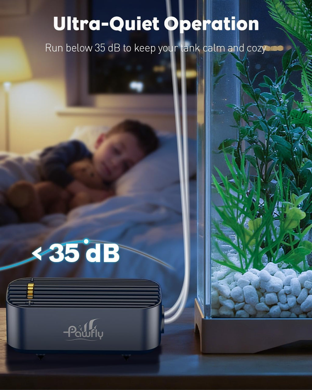 Pawfly Aquarium Air Pump, 110 GPH Air Pump for Fish Tank up to 160 Gallons, Ultra Quiet Adjustable Oxygen Pump with Airline Tubing, Air Stone & Check Valve, Aerator for Fish