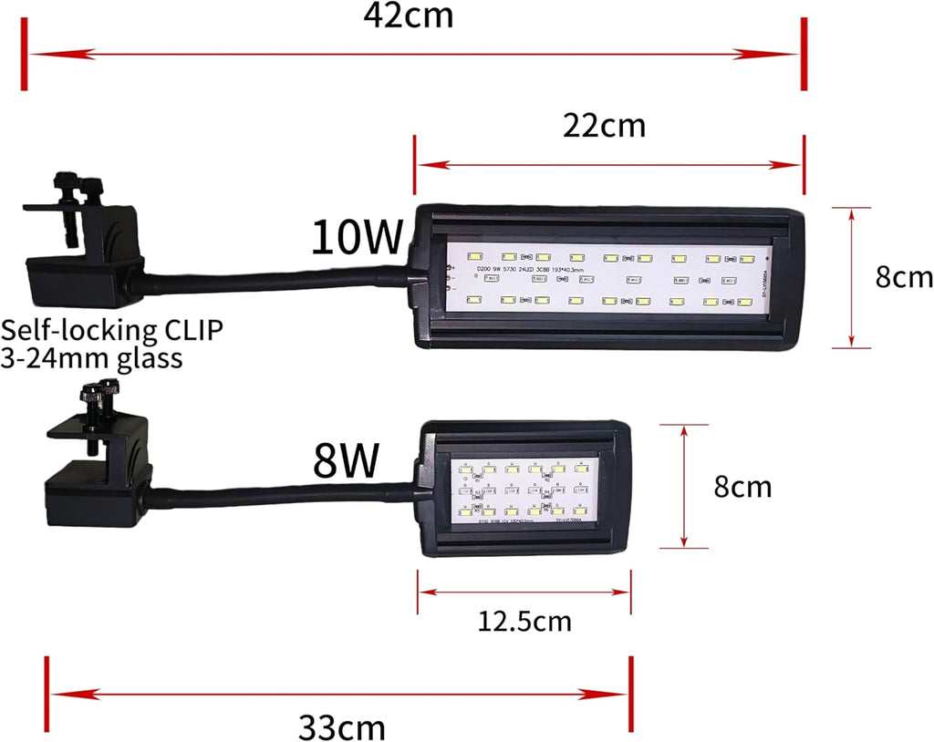 10W Clip-On Aquarium Light - White/Blue/Red,5 Brightness Levels,Timer (3/6/12H)