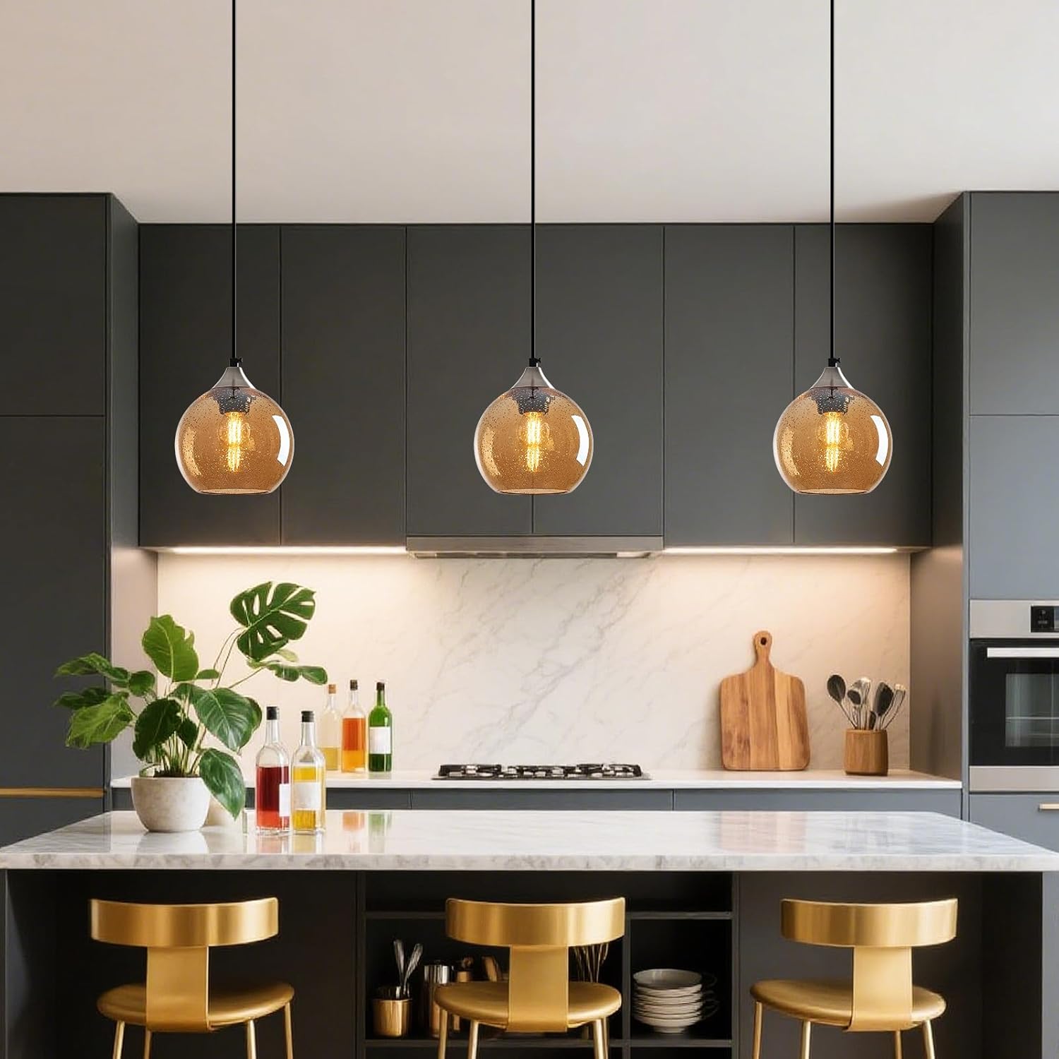 Amber Glass Pendant Lights Kitchen Island Globe Pendant Light Fixtures Modern Pendant Lighting for Bedroom Living Dining Room Light Fixture (5.9 in, 2 Pack)