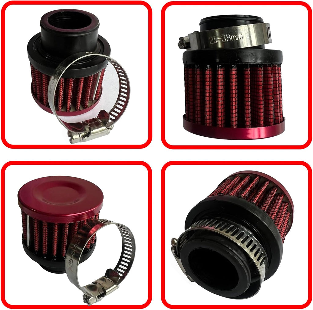 25mm Universal Air Intake Filter, 1" Intake Cold Air Filter, Auto Breathe Filter Vent Crankcase Cleaner with Adjustable Clamp-On Breather, Fits Car Motorcycle (Red)