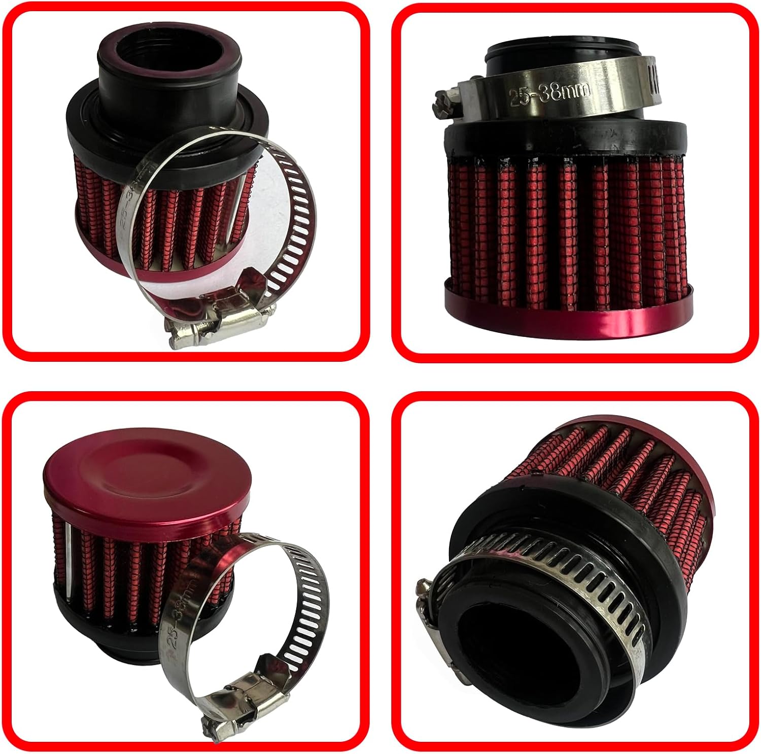25mm Universal Air Intake Filter, 1" Intake Cold Air Filter, Auto Breathe Filter Vent Crankcase Cleaner with Adjustable Clamp-On Breather, Fits Car Motorcycle (Red)