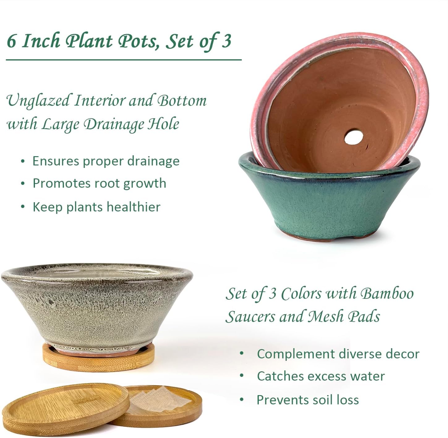 6 Inch Glazed Terracotta Succulent Pot Planter Small Plant Pot with Drainage Hole and Bamboo Saucer Cactus Ceramic Pot Set of 3 (Light Green Pink White)