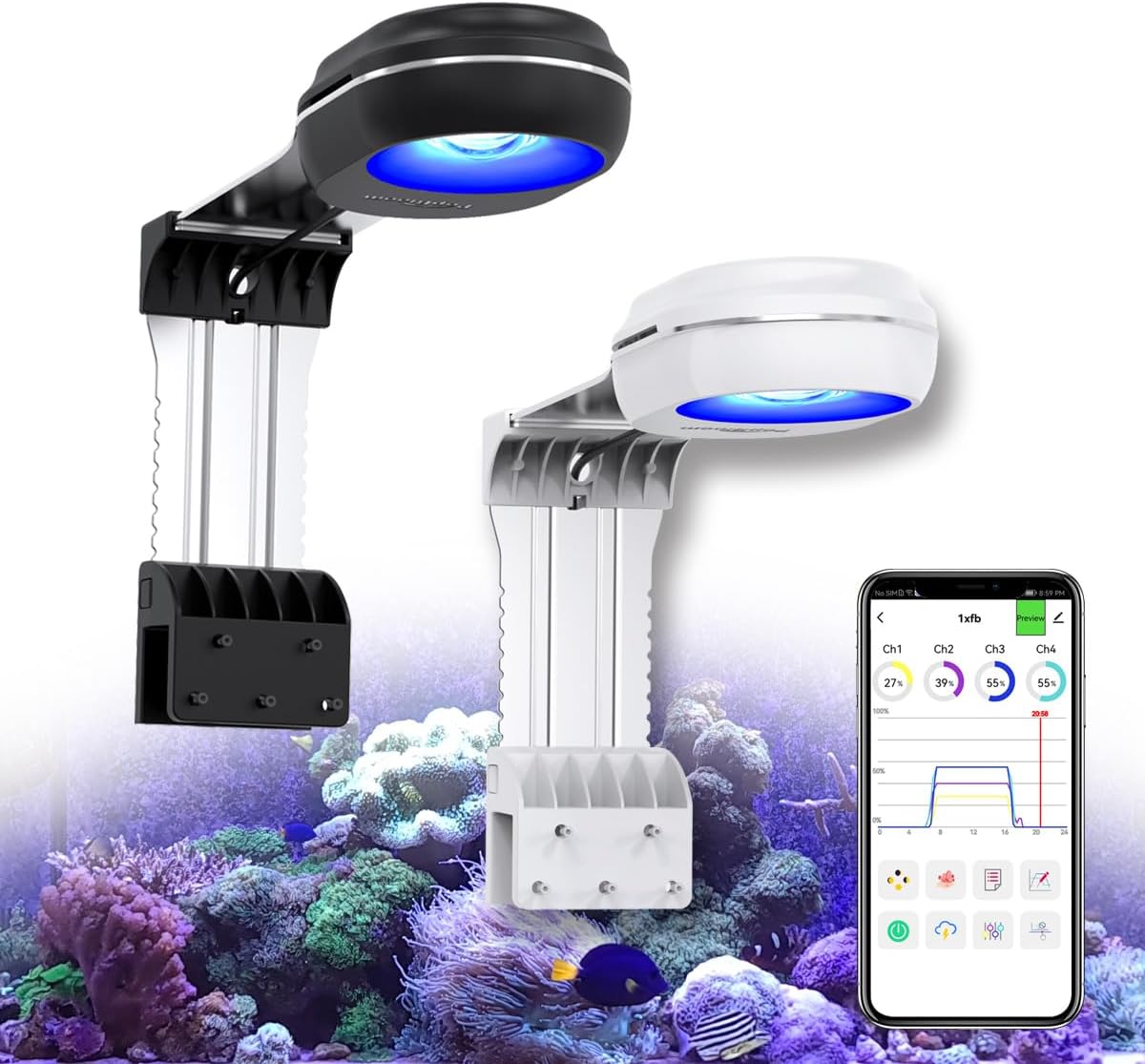 PopBloom RL60 Full Spectrum Reef Light WiFi Marine Reef LED Aquarium Light Saltwater Aquarium Fish Tank Lamp (60W WiFi Black)