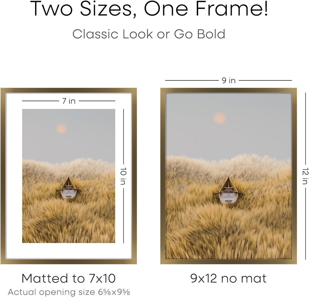 Homeforia 9x12 Frame Bronze, High End Metal 9 x 12 Brass Picture Frames with Mat 7 by 10 inch Photo, 9by12 Poster Frame Matted to 7x10, 12x9 Wall or Tabletop Frames, Tempered Glass, Wall Kit, Set of 2