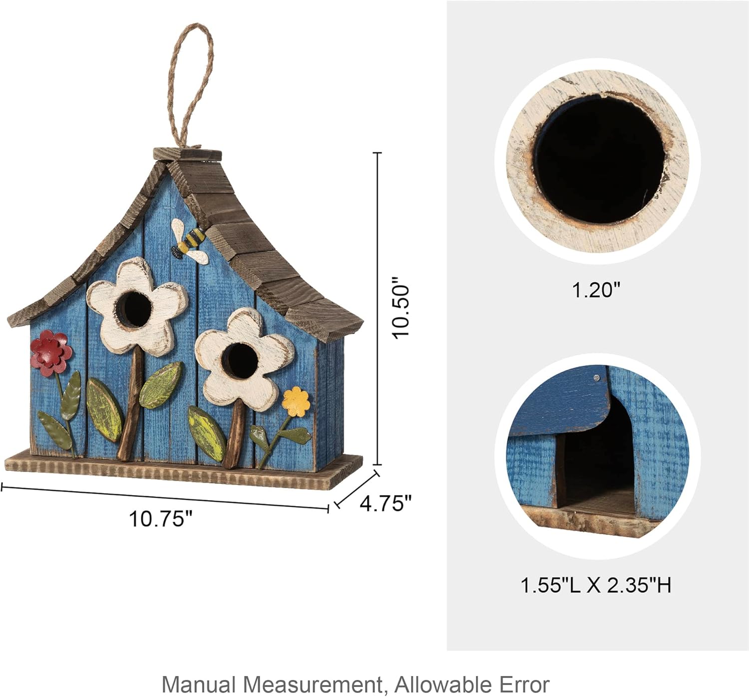 Glitzhome Hanging Birdhouses for Outdoors, 10.75" L Distressed Solid Wood Birdhouse with 3D Flowers Rustic Hand-Painted Bird Houses for Outside