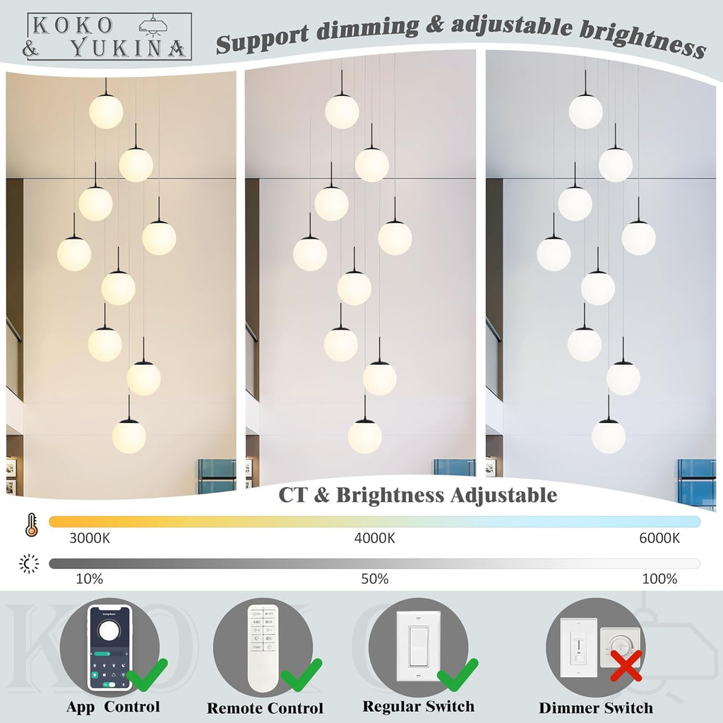 KoKo&Yukina 9-Light Globe Milky White Glass Pendant Light Adjustable Length Pendant Lights Modern Glass Globe Pendant Lights Black Chandeliers Large Chandeliers for High Ceilings (Bulb & Remote Incl)