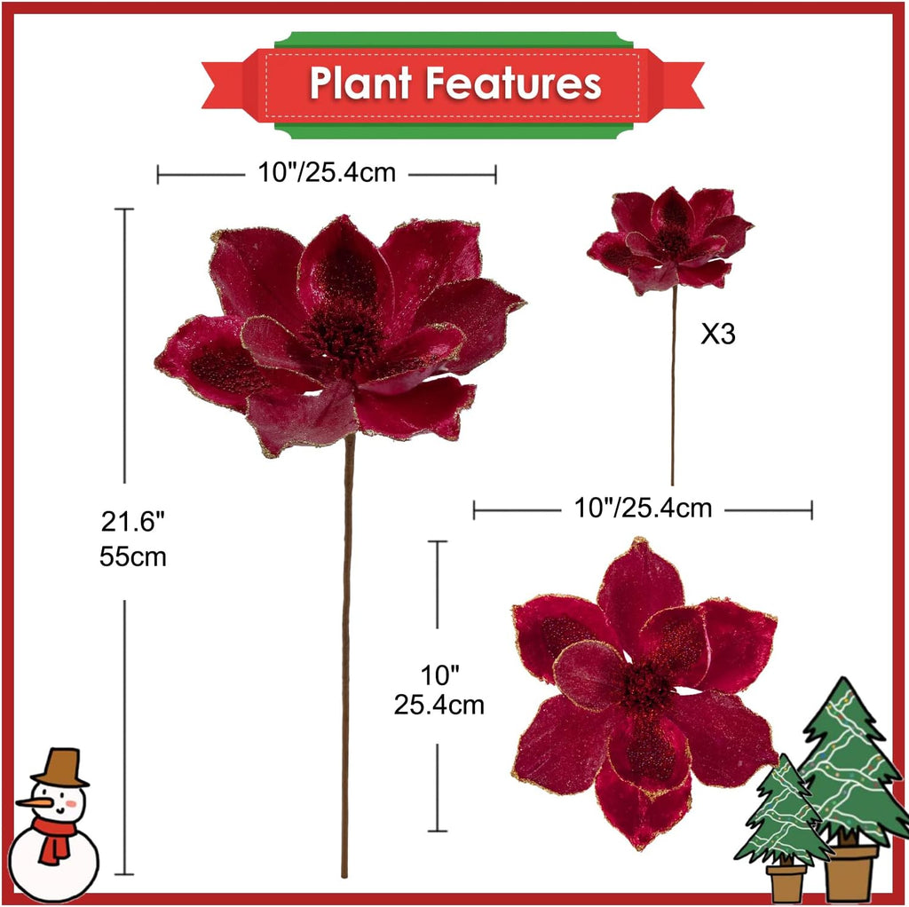 Briful 10’’ Large Heads Christmas Glitter Magnolia Flowers Christmas Tree Ornaments Set of 3 Giant Artificial Flowers with Long Stems for Xmas Tree Holiday Decorations, Red