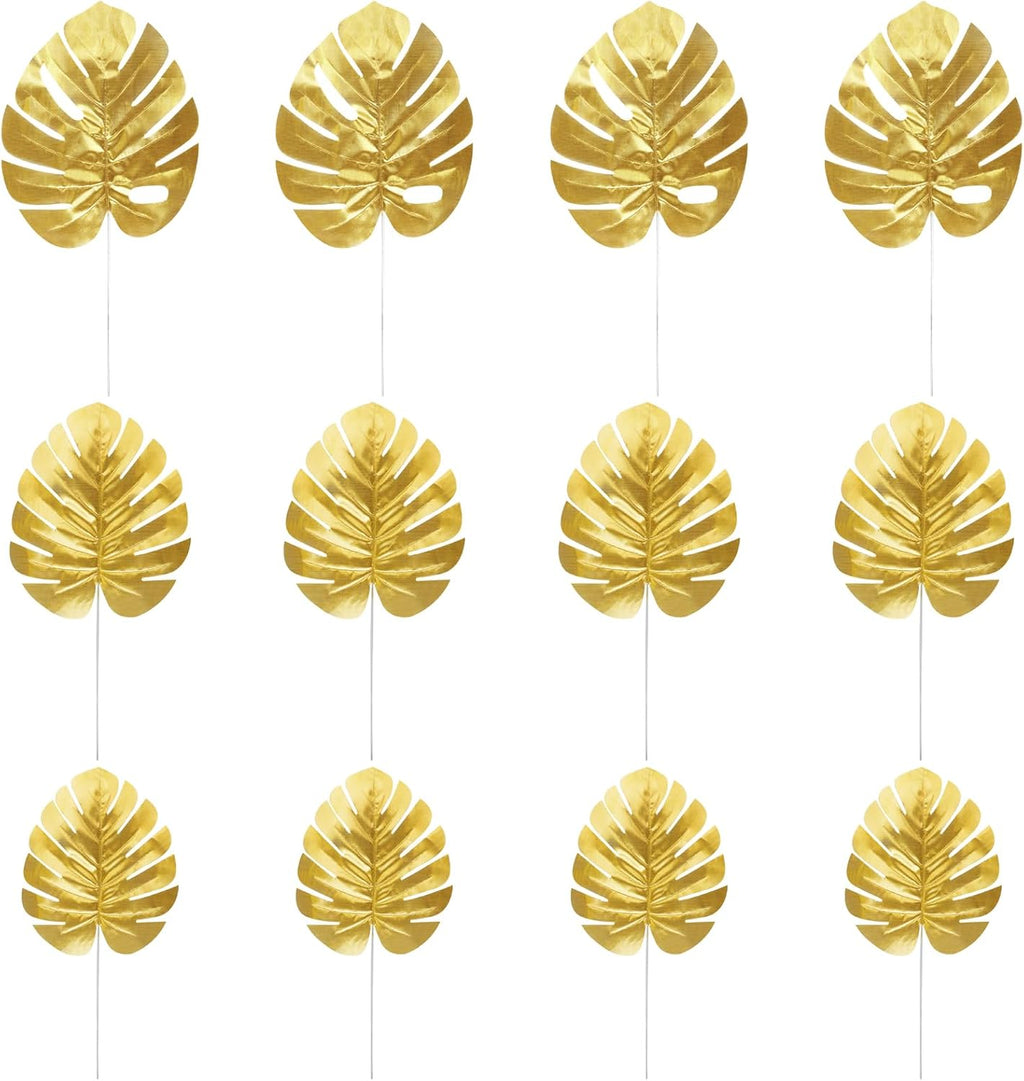 KIMOBER 24PCS Artificial Gold Palm Leaves,Mixed Size Golden Faux Tropical Monstera Leaves Realistic Artificial Plants Leaf for Home Hawaiian Luau Party Jungle Beach Decorations