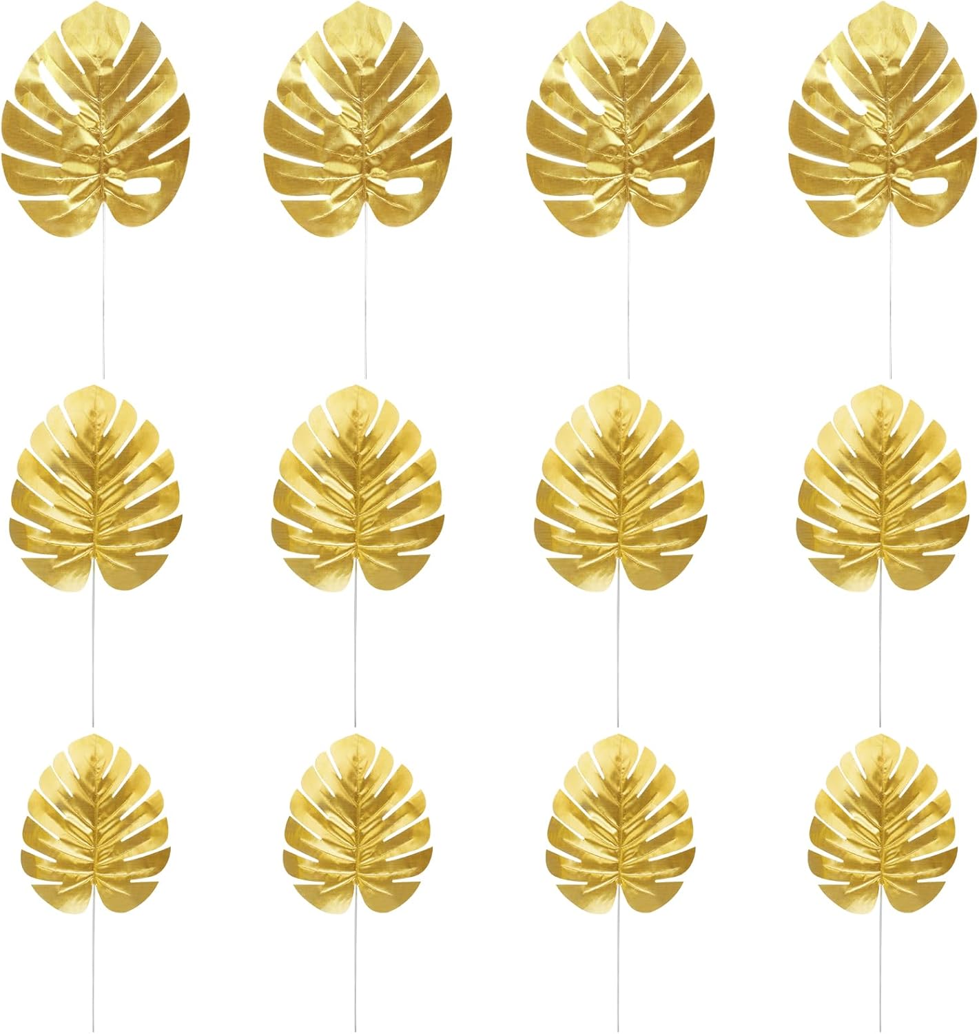 CCINEE 24PCS Golden Artificial Palm Leaves, 3 Sizes Faux Monstera Leaves Simulation Safari Leaves with Stems for Home Hawaiian Luau Party Jungle Beach Theme Party Decoration