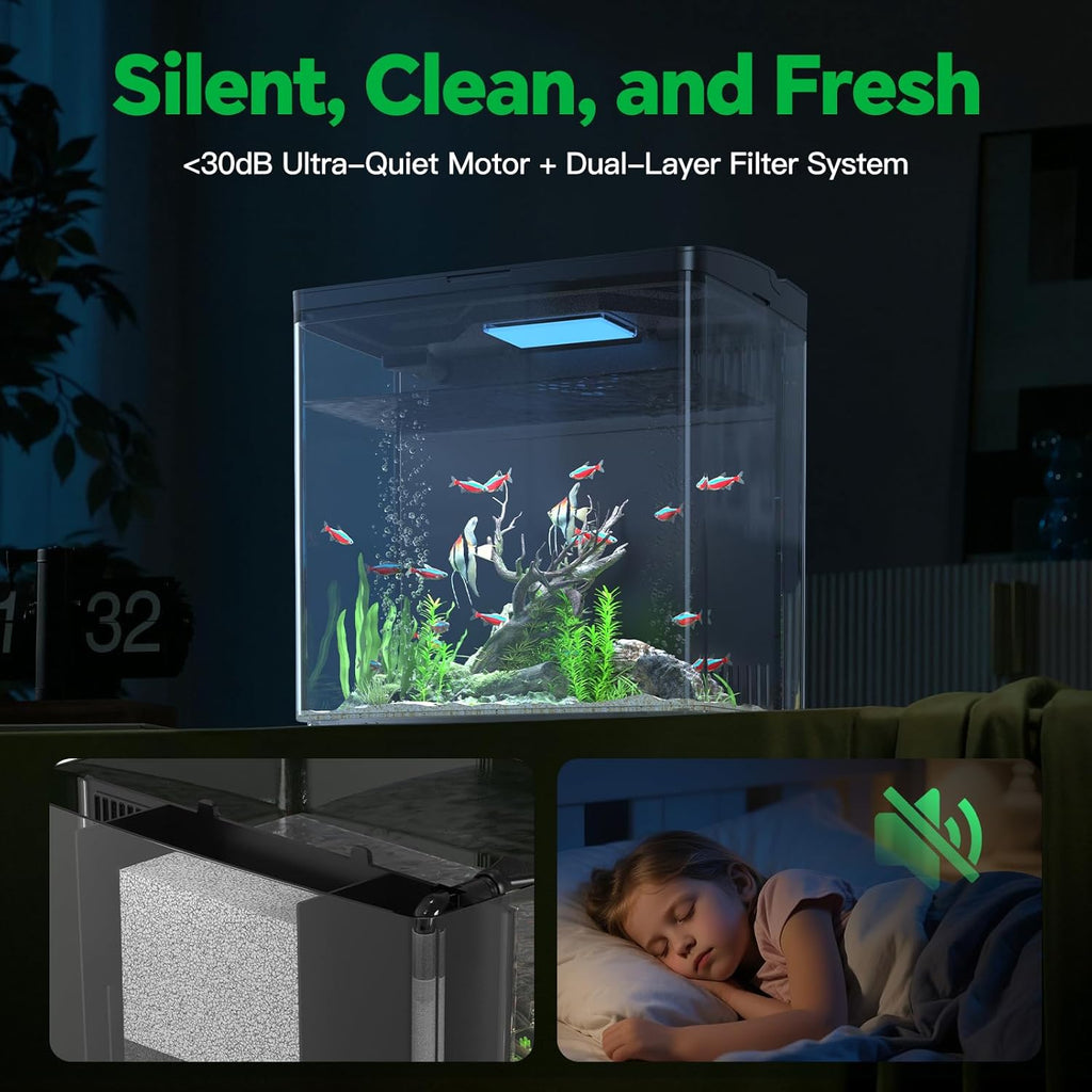 Desktop Fish Tank, 1.2 Gallon Self-Cleaning Smart Aquarium with Filter & 5-Color LED Light, Auto-Cycling Quiet Pump for Betta, Shrimp, Guppy, Goldfish