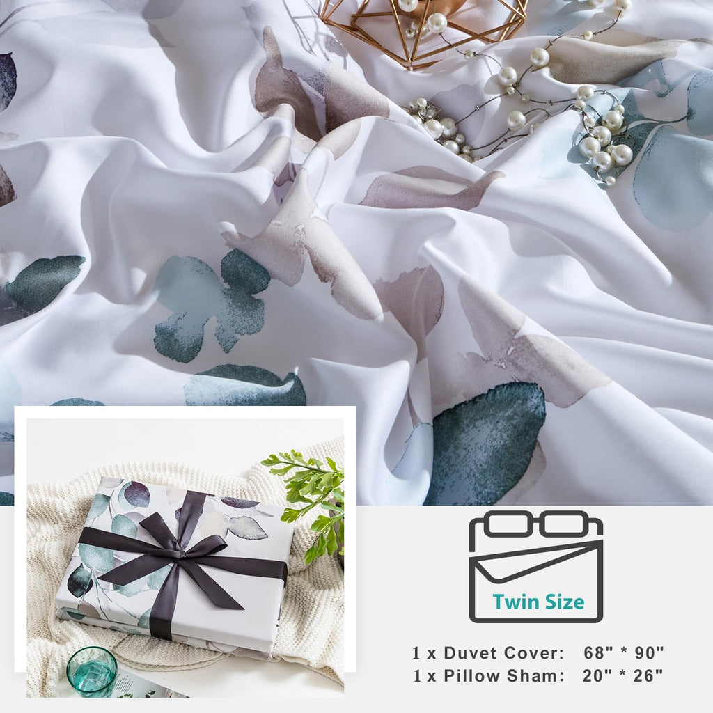MILDLY 100% Long-Staple Cotton Duvet Cover Set Teal Blue Green Leaf Pattern Printed Comforter Cover 2pcs, Ultra Soft & Breathable Bedding Set