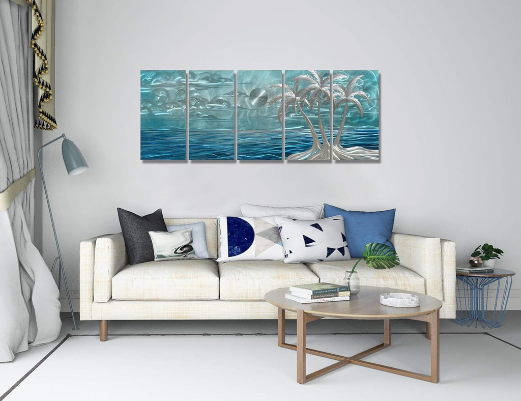 BATRENDY ARTS Blue Metal Tree Wall Art Silver Coconut Palm by the Sea Hand-polished Tropical Artwork Accent Contemporary Bedroom Decor Hangings