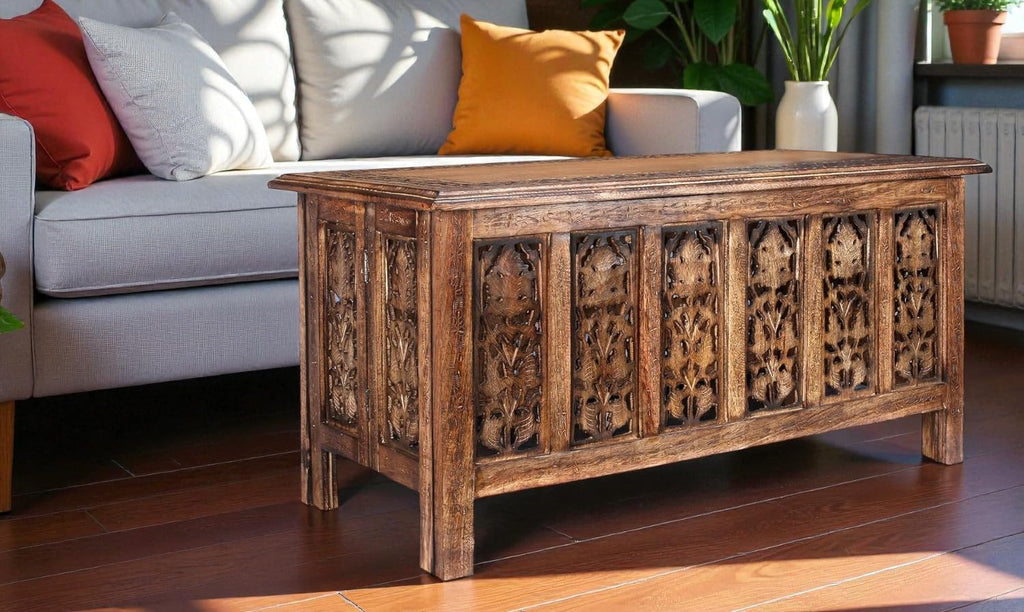 Wooden Coffee Table 36x18 Inch – Hand-Carved Solid Wood Center Table, Vintage Burnt Finish Modern Coffee Table for Living Room, Entryway Table for Magazines, Books & Plants