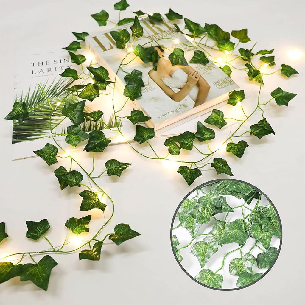2 Pack 6.56 Ft Vine Lights Green Ivy Vines String Lights Battery Operated, 40 LEDs Battery Powered Artifical Garland Plant Leaves with Light for Bedroom Holiday Patio Decor (Warm White)