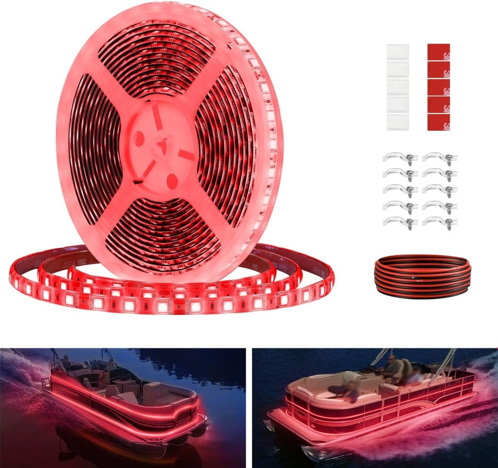 Pontoon LED Strip Lights, 12V 5M/16.4FT Waterproof Marine LED Light Boat Interior Lights, Boat Deck Light for Night Fishing, Ideal for Pontoon and Fishing Boat, Extension Cable Included (Red)