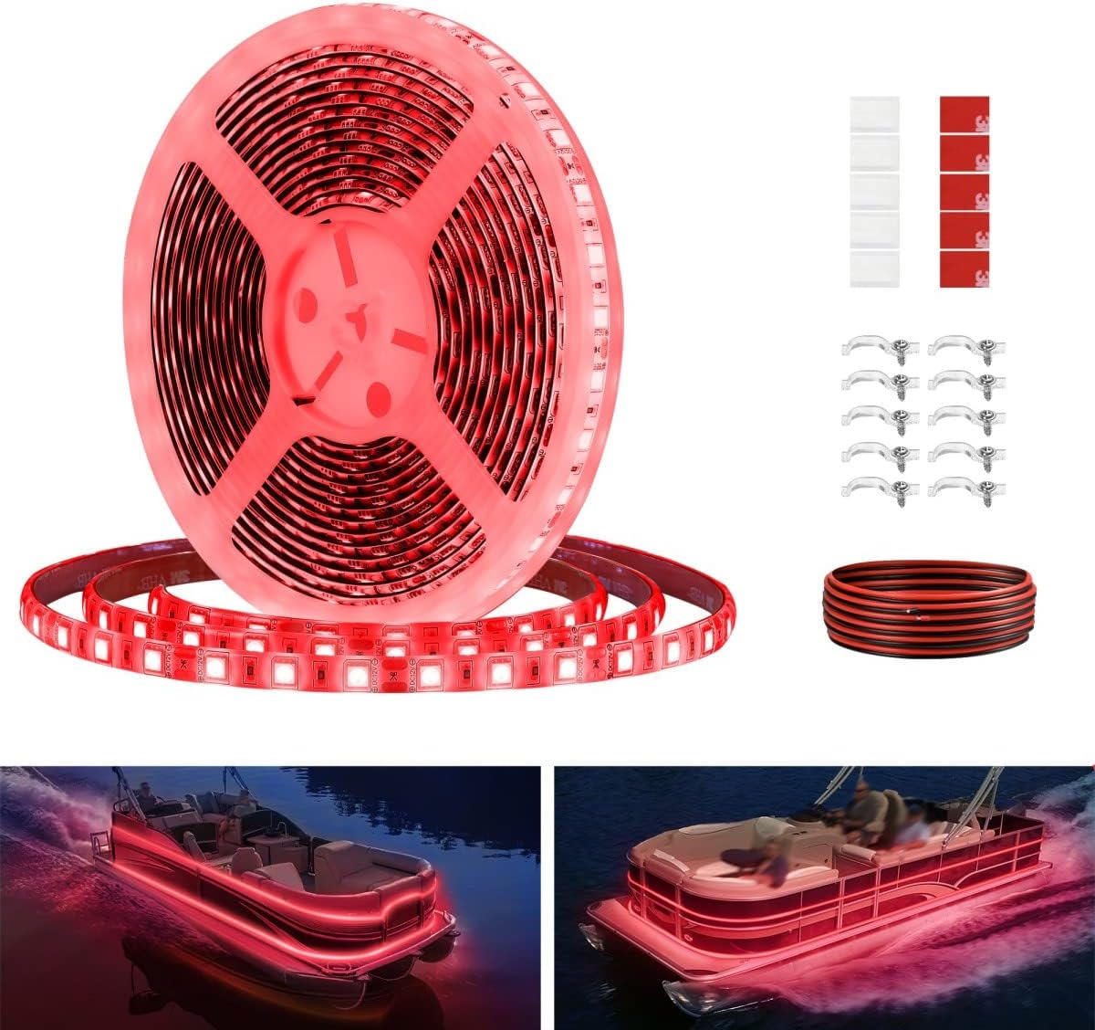 Pontoon LED Strip Lights, 12V 5M/16.4FT Waterproof Marine LED Light Boat Interior Lights, Boat Deck Light for Night Fishing, Ideal for Pontoon and Fishing Boat, Extension Cable Included (Red)