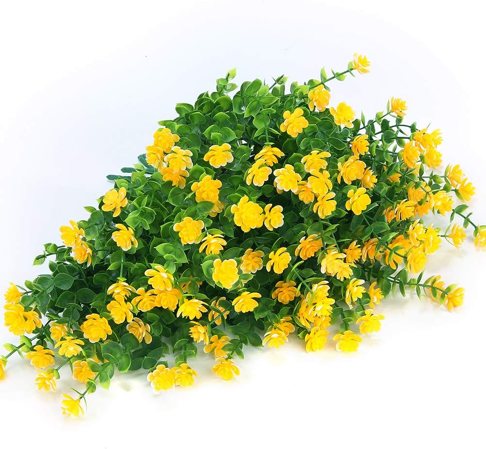 12 Bundles Outdoor Artificial Flowers UV Resistant Fake Boxwood Plants, Faux Greenery for Indoor Outside Hanging Plants Garden Porch Window Box Home Wedding Farmhouse Décor (Yellow)