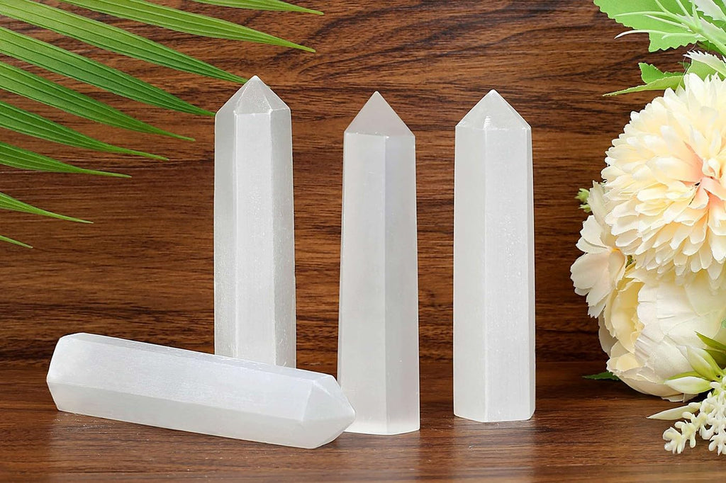 LAIDANLA Selenite Healing Crystals Wands 3.5-4" Natural Reiki Energy Wand Stone Hexagonal Point Obelisk Large Crystal Gemstones for Meditation Therapy Crystal Grid Gifts Decoration 1Pcs