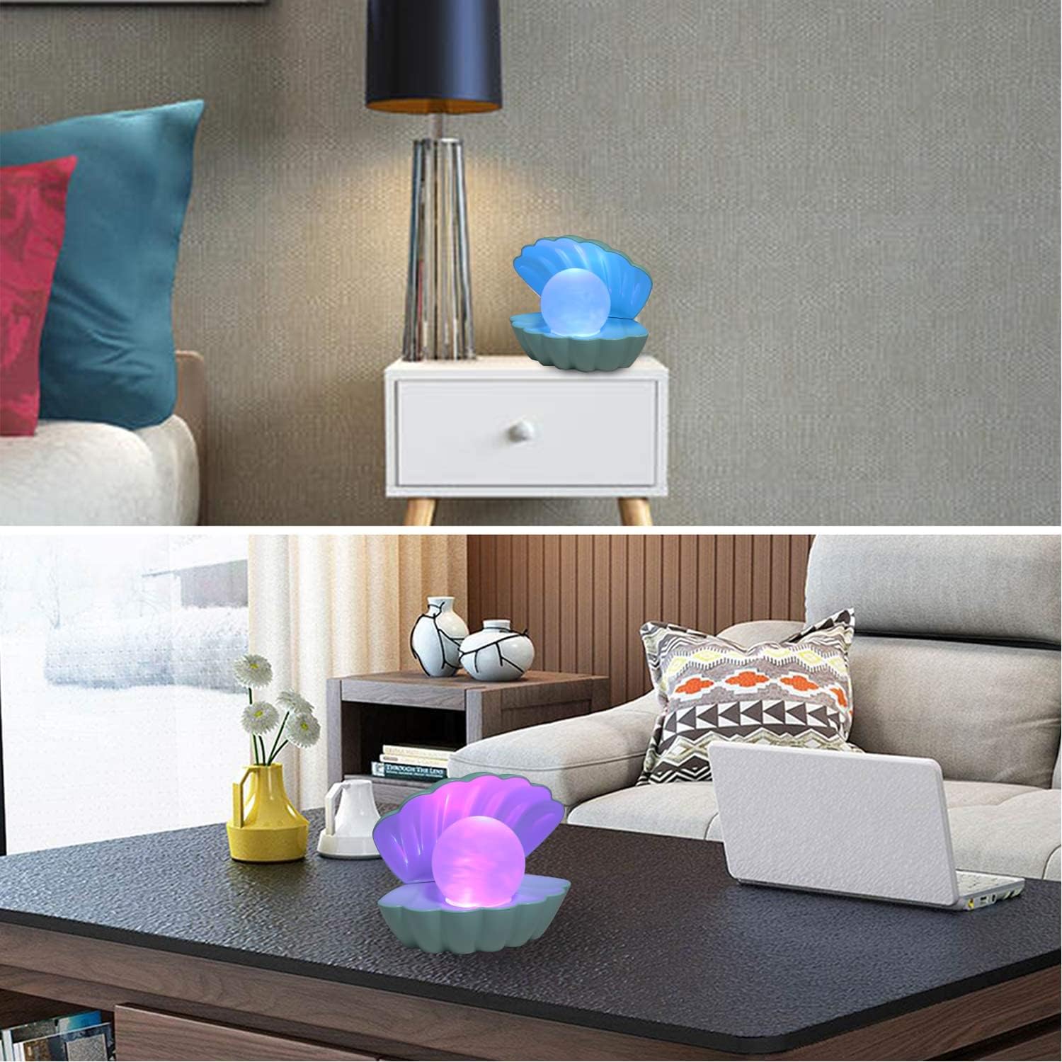 Shell Pearl Beach Themed Night Light, RGB 8 Colors Changing Mood Shell Pearl Lamps, Bedside LED Clamshell Portable Night Lights for Bar (Green)