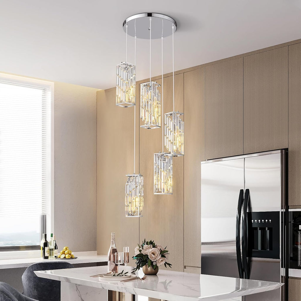 Chrome Pendant Lighting Modern Pendant Light, Mini Crystal Chandeliers,Adjustable Pendant Light Fixture for Kitchen Island Dinning Room Bedroom (5 Light)