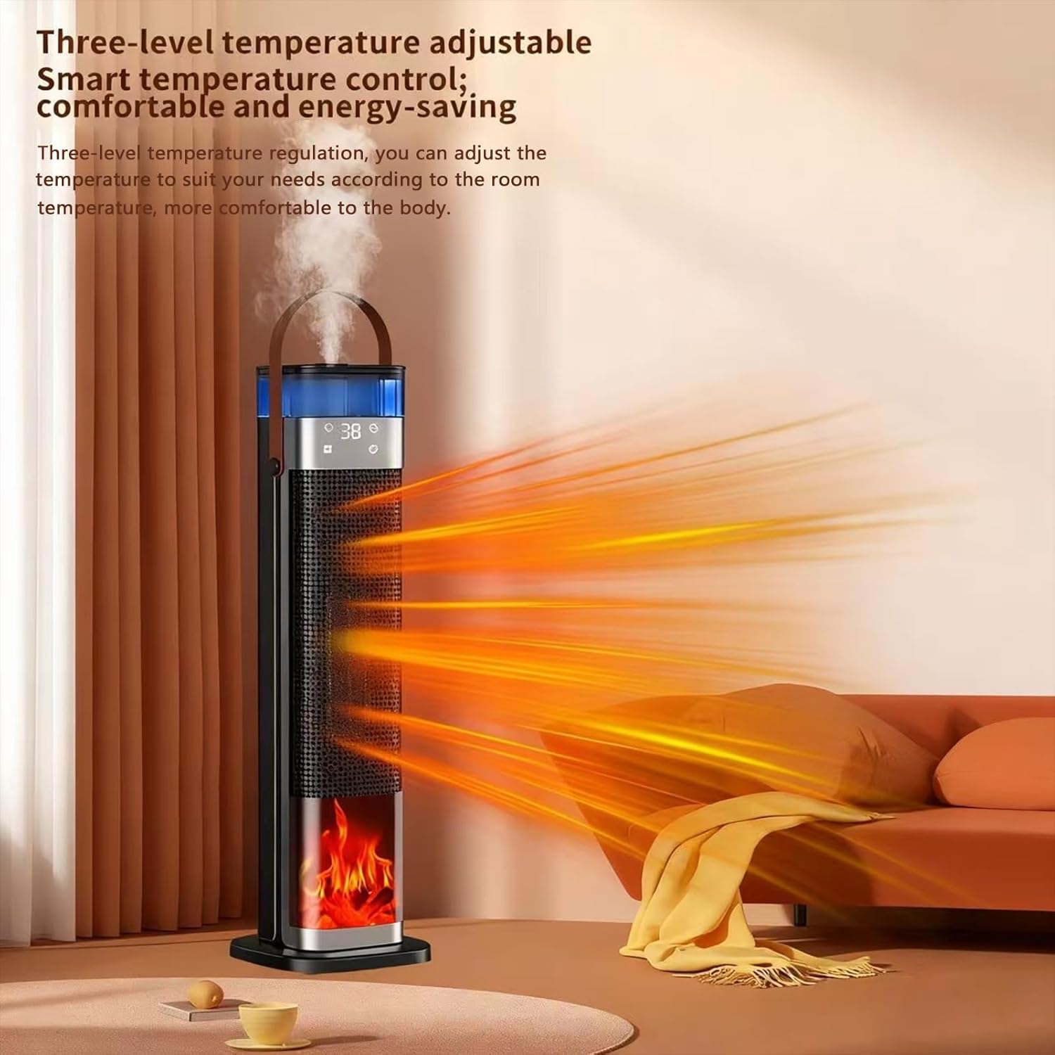 Space Heater Indoor, 25" 1500W PTC Ceramic Heater with atomization and humidification function, 3 Modes, 3D Flame, 12H Timer, 45° Oscillating, with Remote, Tower Heater for Office Bedroom