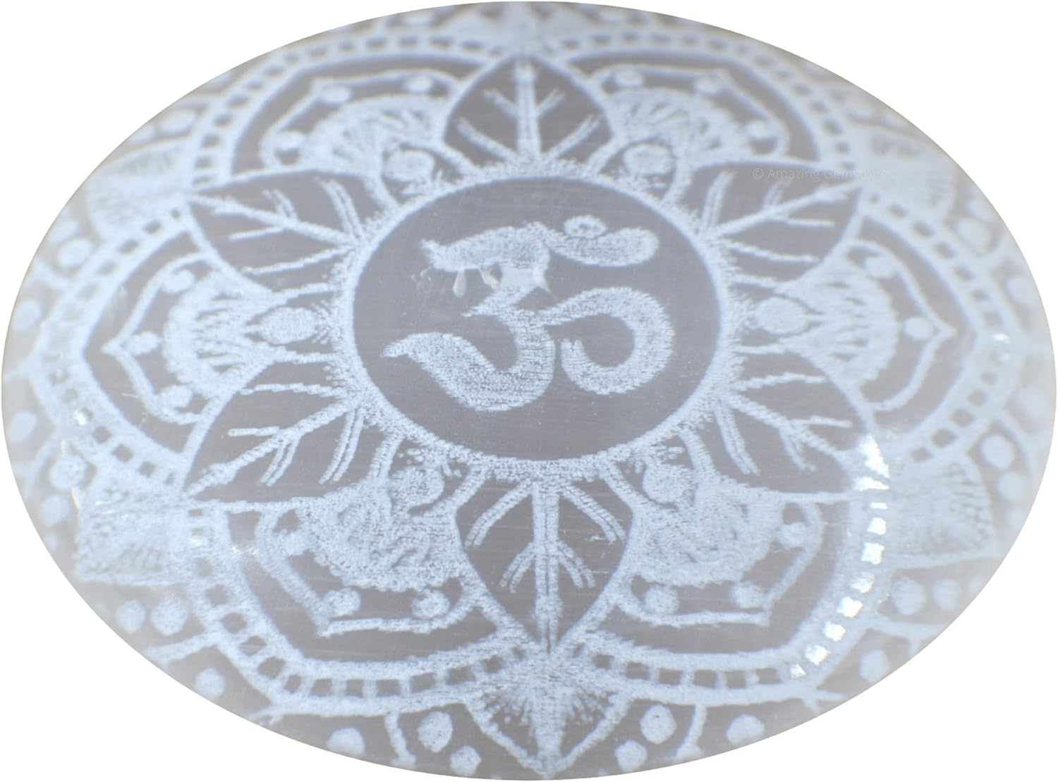 Amazing Gemstone Selenite Palm Stone - OM Engraved Hot Massage Worry Stone for Natural Body Chakra Balancing, Reiki Healing and Crystal Grid