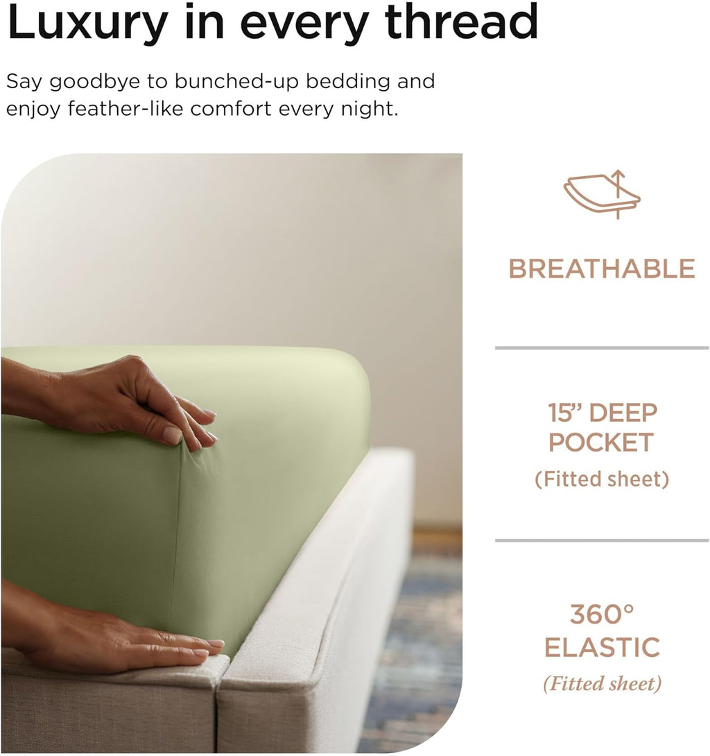 Threadmill 100% Cotton Sheets for Twin XL Size Bed - 600 Thread Count Twin XL Bed Sheets Set with 15” Deep Pocket - Sateen Weave 3-Piece Bedding Set with Cooling Effect, Sage Green