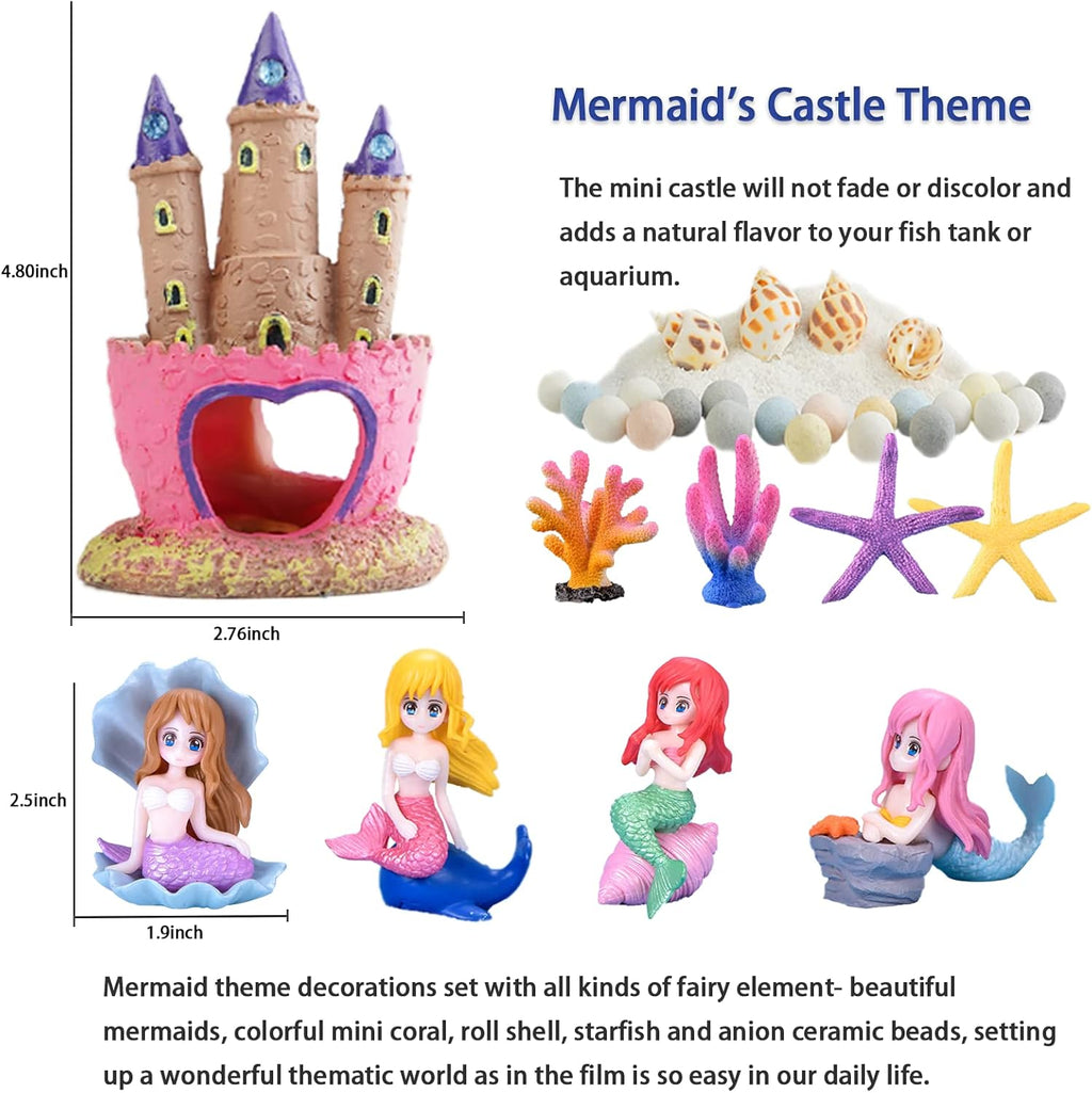 Mermaid's Castle Fish Tank Decorations-28pack Include Castle Hideout, Faux Coral,Starfish and Artificial Plastic Plants Aquarium Décor Accessories for All Fish-Pink