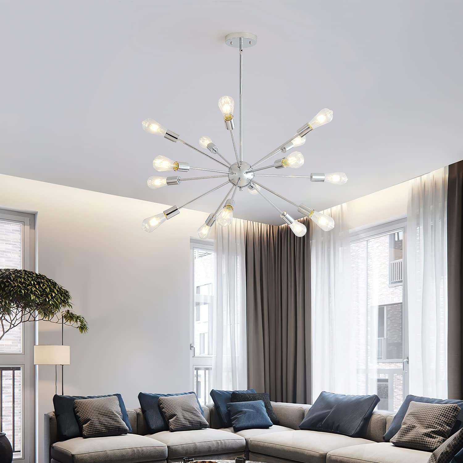 Mid-Century Sputnik Chandeliers 15-Lights, Modern Semi Flush Mount Ceiling Light Fixture Industrial Retro Hanging Lamps for Kitchen Living Room Dining Bedroom Corridor, Chrome（Bulb Not Included）