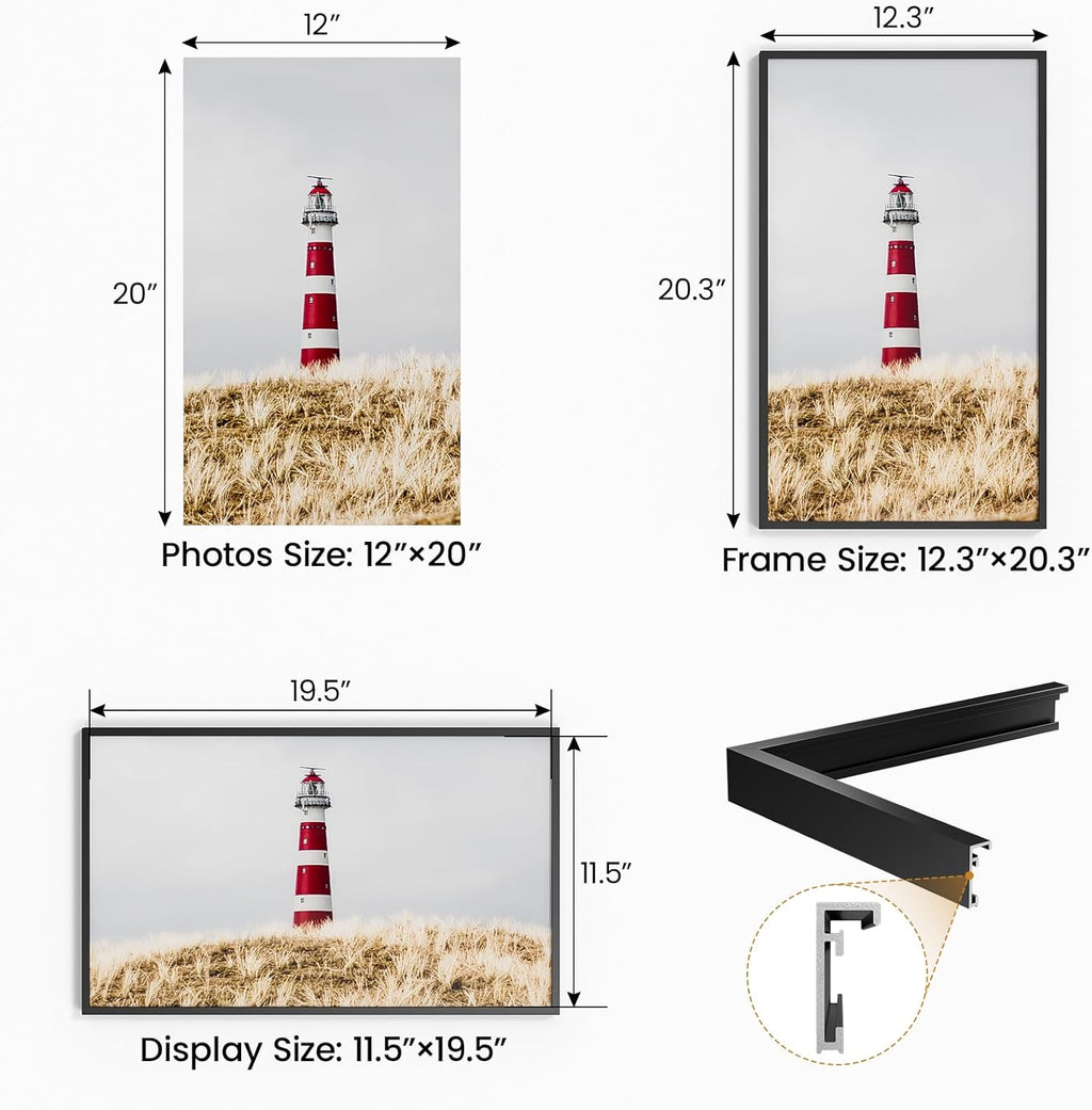 12x20 Aluminum Metal Picture Frame,Tempered Glass Black Panoramic Picture Frame 12x20, Thin Border 12 x 20 Poster Frame for Wall Mount Horizontal or Vertical