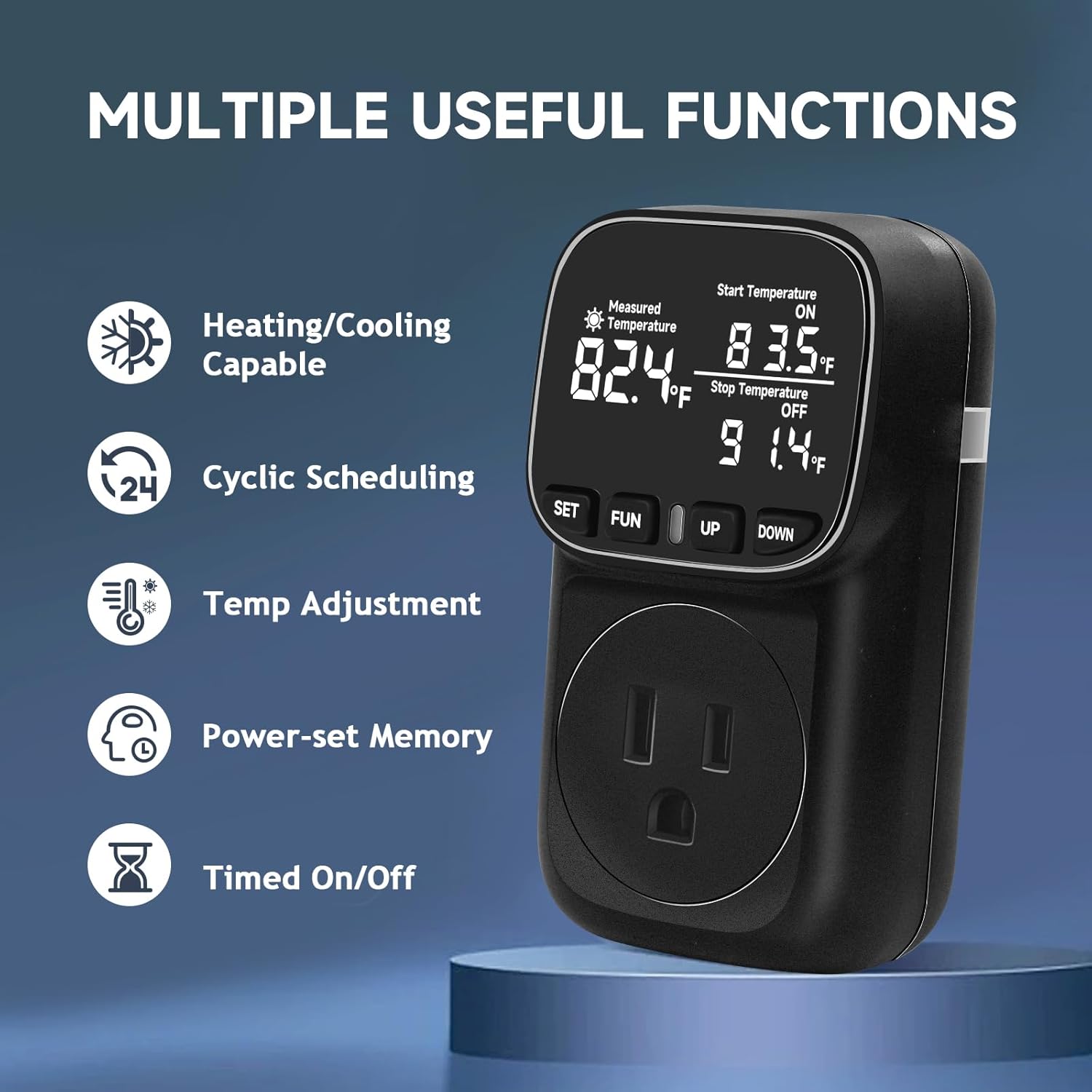 Temperature Controlled Outlet , 15A/1800W Digital Thermostat Outlet, Cyclic Timing/Countdown, -40℉~210℉ VA Display Heating Cooling Control Timer with 2Pcs Probe Cable for Reptile Incubator