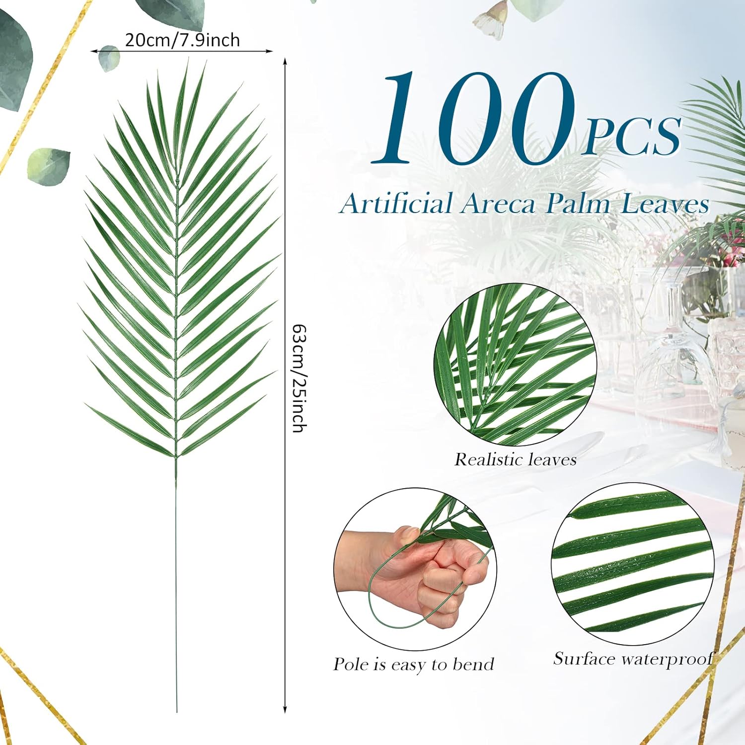 Jutom 100 Pcs 25 Inch Artificial Palm Leaves Decor Large Tropical Faux Plants Plastic Fronds Fake Palm Branches Tree Leaves for Sunday Tree Vase Jungle Beach Party Wedding Decoration