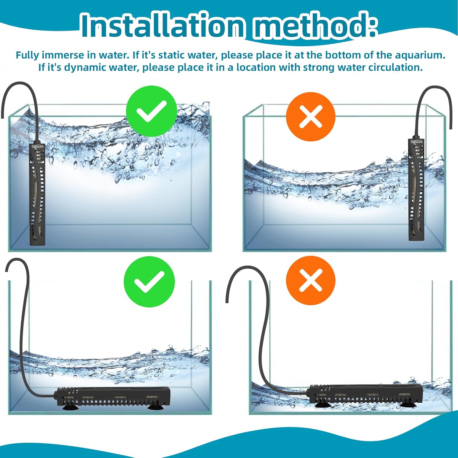 SEAOURA Small Aquarium Heater, 50W Mini Fish Tank Heater, Adjustable Submersible Aquarium Heater with External Digital Controller for Turtle, Betta, Freshwater, Saltwater, 5-15 Gallon