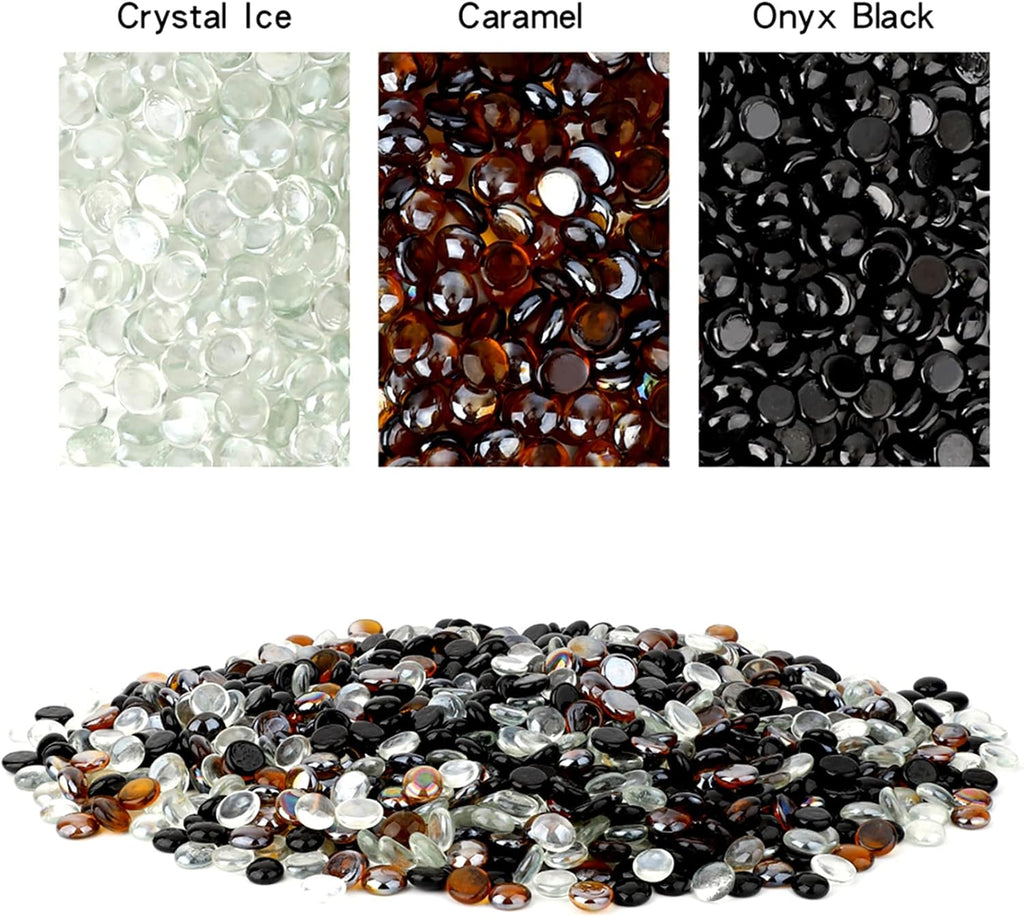 Skyflame 10-Pound Blended Fire Glass Beads for Fire Pit Fireplace Landscaping, 1/2-Inch Onyx Black, Crystal Ice, Caramel Luster