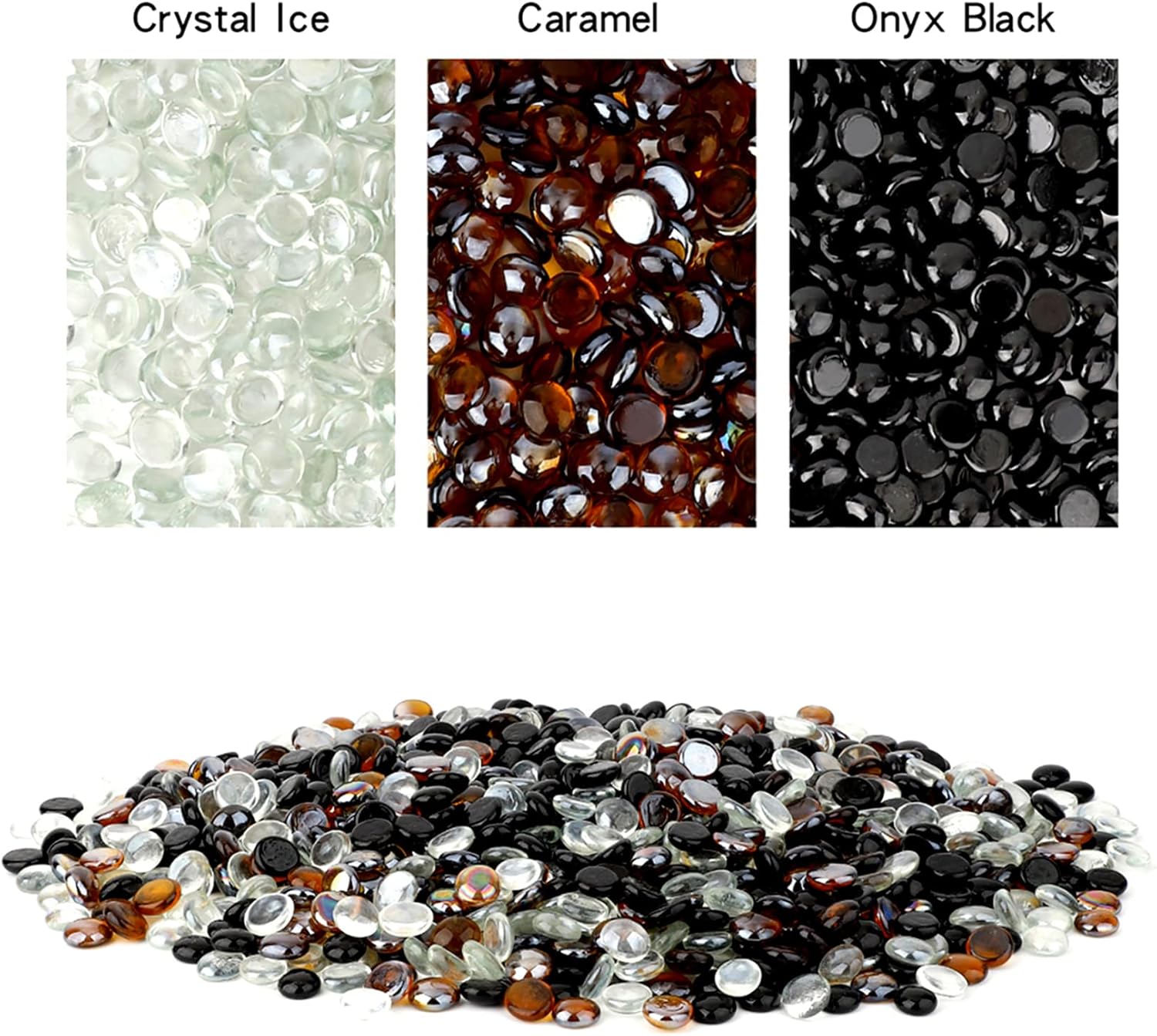 Skyflame 10-Pound Blended Fire Glass Beads for Fire Pit Fireplace Landscaping, 1/2-Inch Onyx Black, Crystal Ice, Caramel Luster