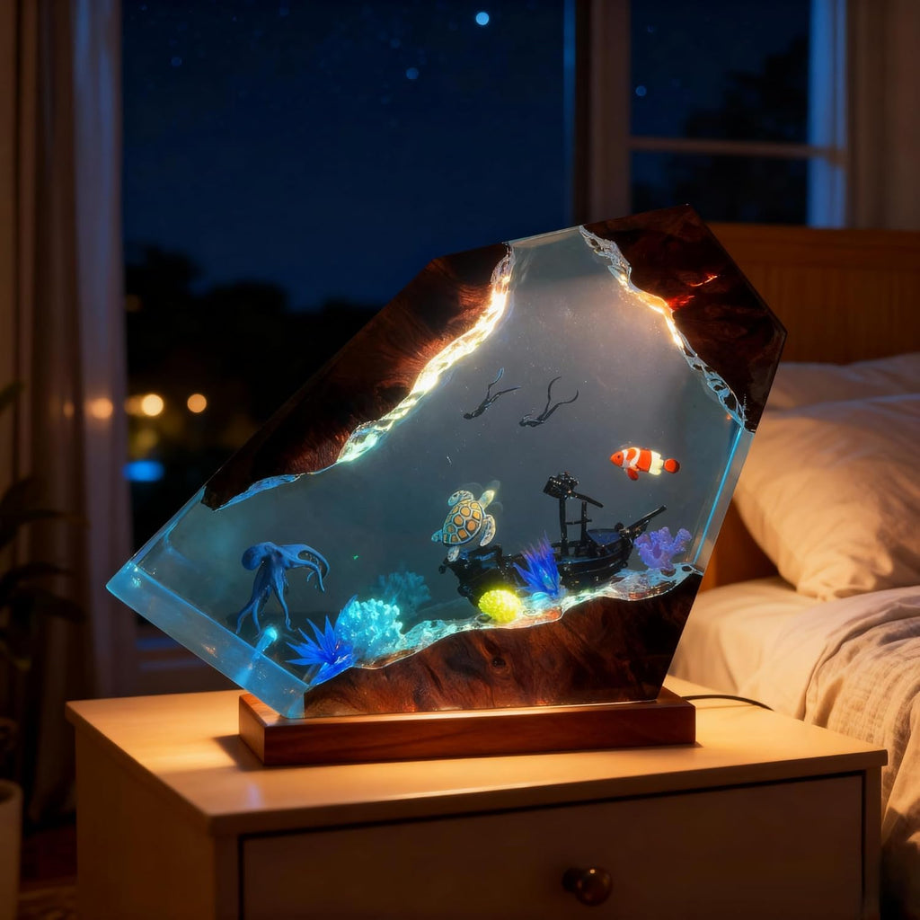 Ocean Resin Lamp – Marine Life Night Light with 16 Color LED, USB Powered Whale Shark & Turtle Desk Lamp with Wooden Base & Remote,Handmade Gift for Christmas, New Year